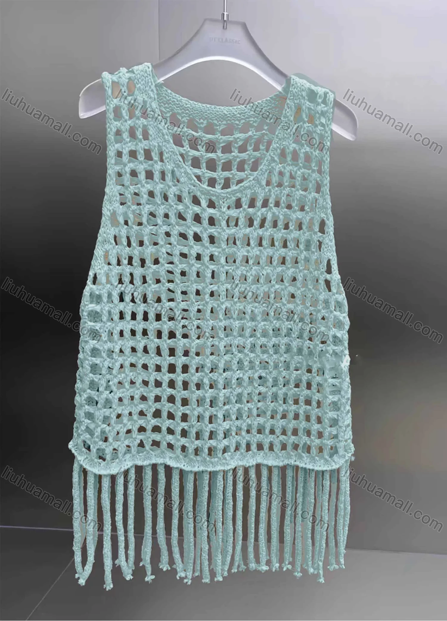 Wholesale Women's Vacation Crochet Round Neck Sleeveless Hollow Out Tassel Hem Plain Tank Cover Up Top - Liuhuamall