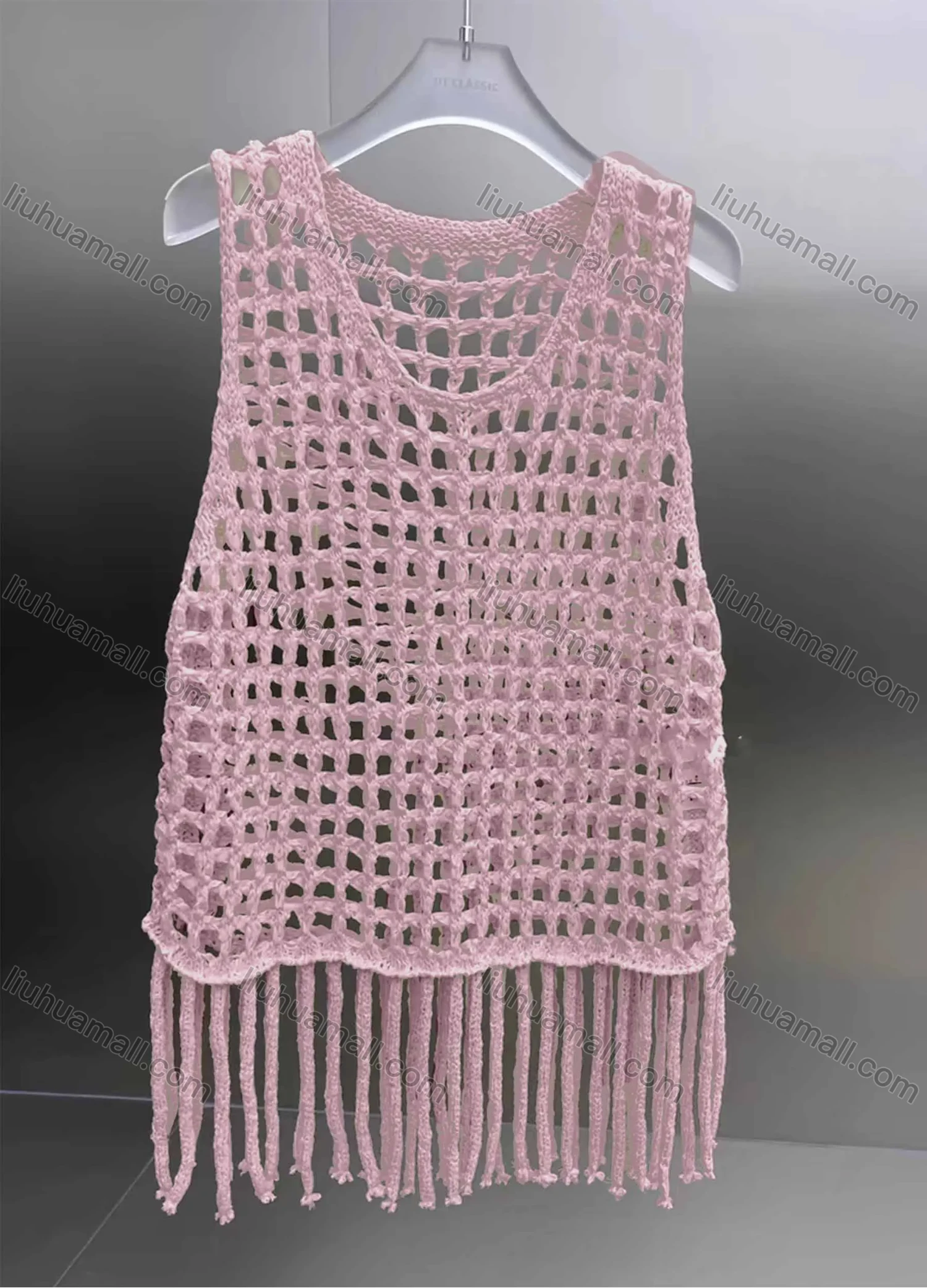 Wholesale Women's Vacation Crochet Round Neck Sleeveless Hollow Out Tassel Hem Plain Tank Cover Up Top - Liuhuamall