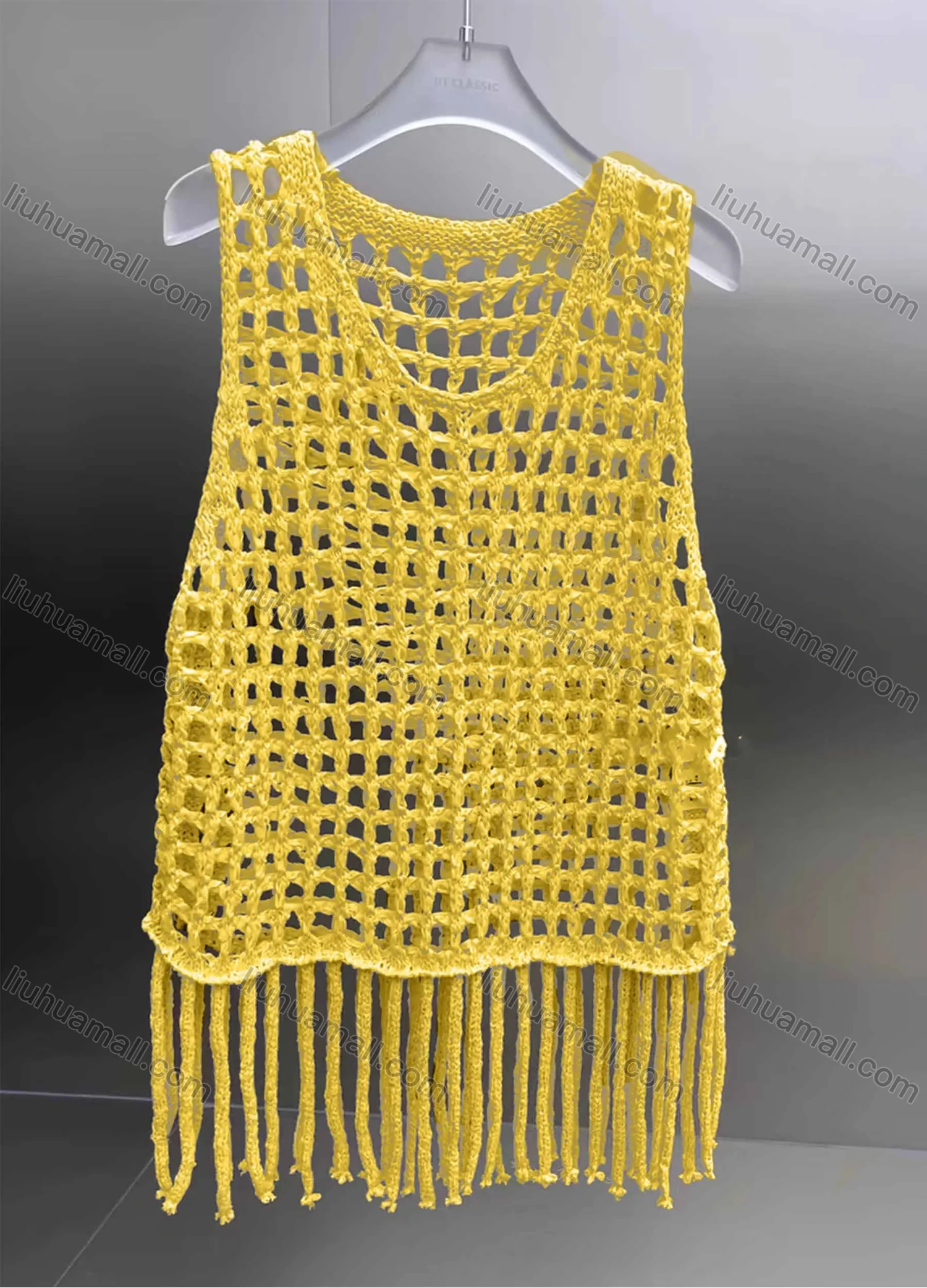 Wholesale Women's Vacation Crochet Round Neck Sleeveless Hollow Out Tassel Hem Plain Tank Cover Up Top - Liuhuamall