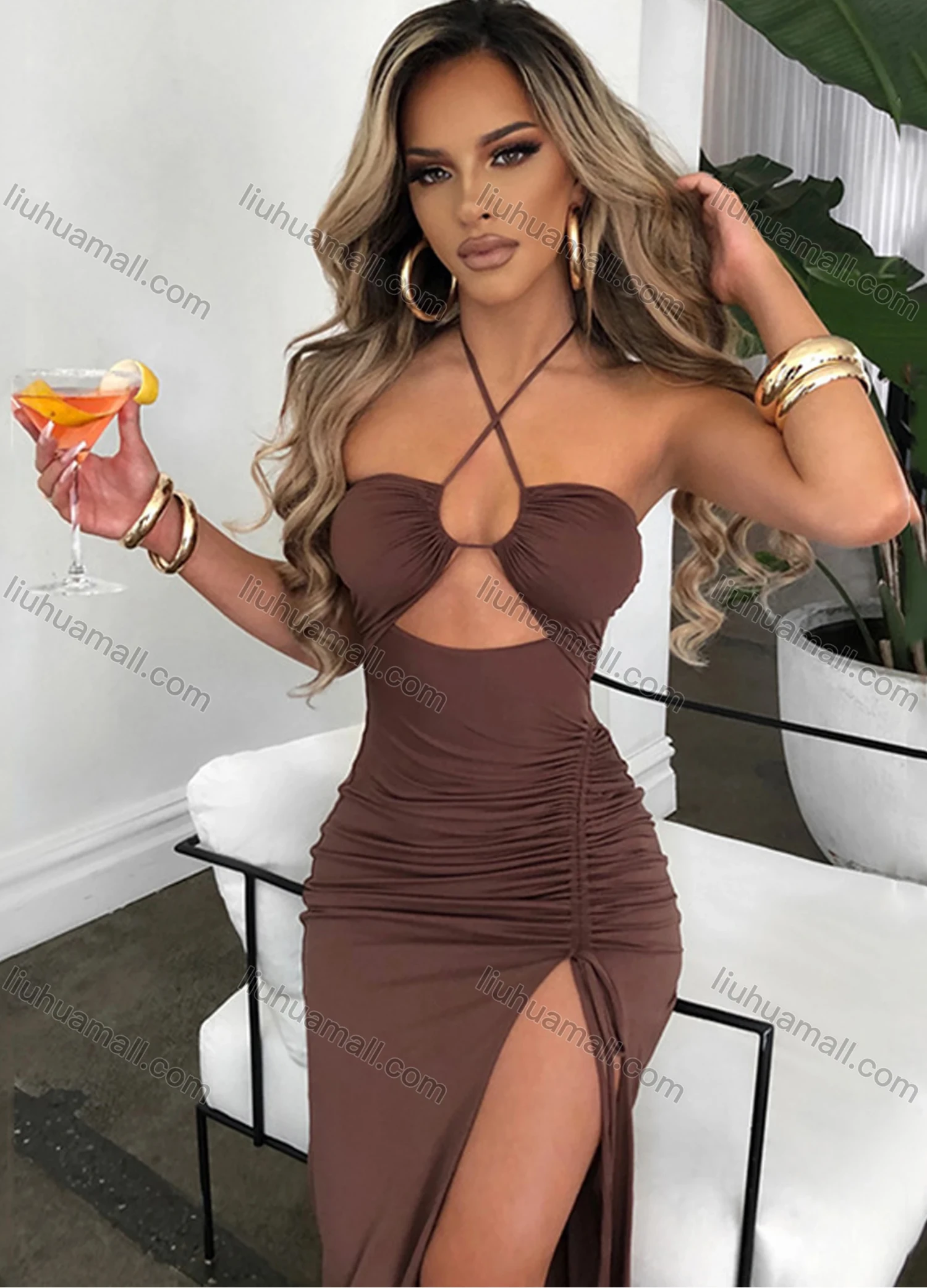 Wholesale Women's Sexy Halter Criss Cross Drawstring Ruched Cut Out Split Thign Evening Dress - Liuhuamall