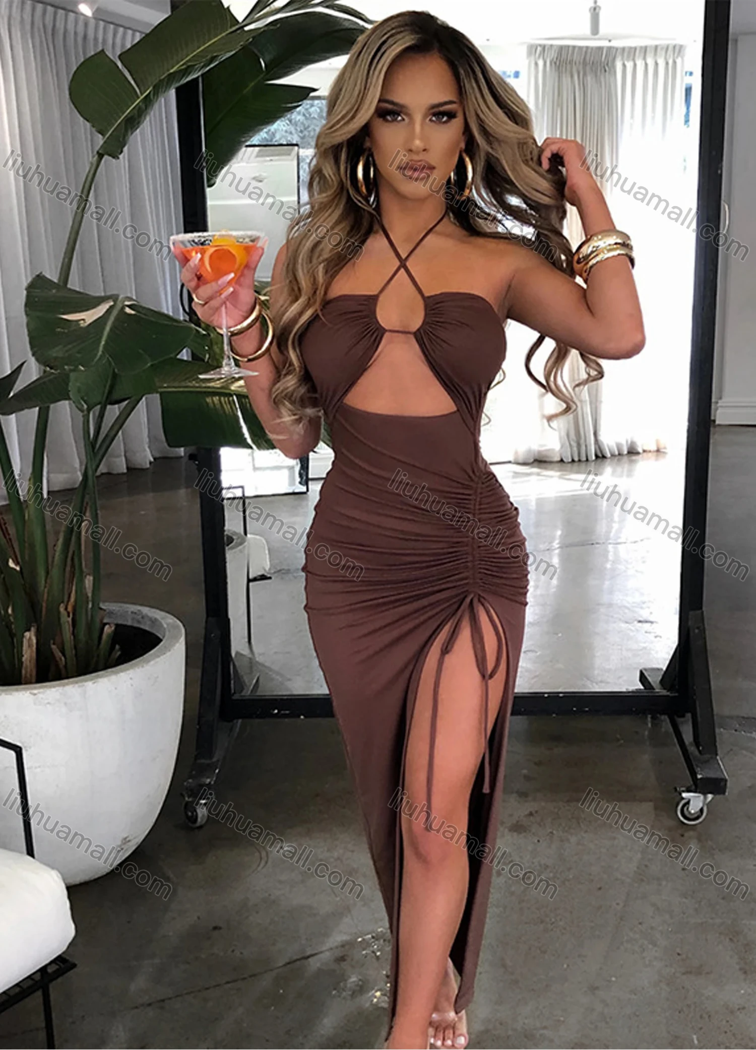 Wholesale Women's Sexy Halter Criss Cross Drawstring Ruched Cut Out Split Thign Evening Dress - Liuhuamall