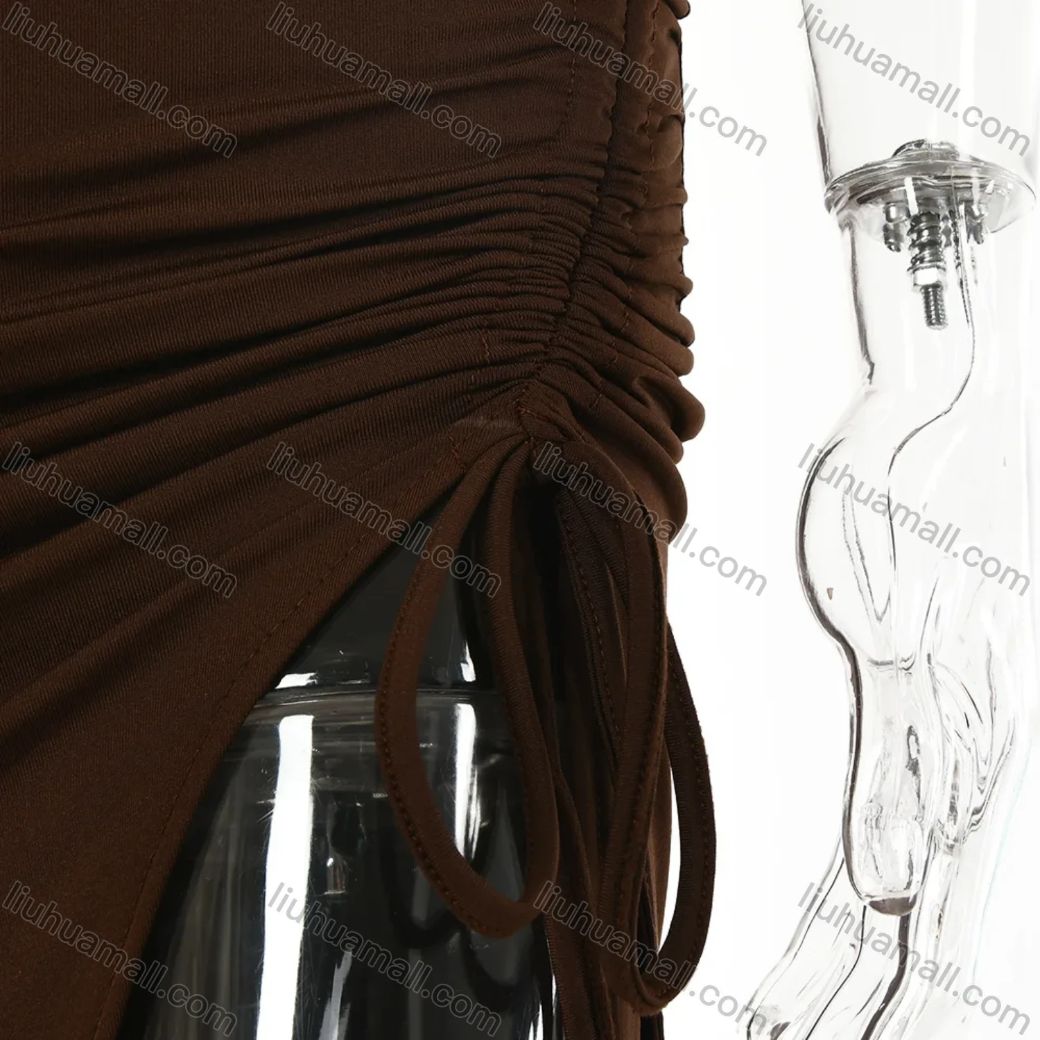 Wholesale Women's Sexy Halter Criss Cross Drawstring Ruched Cut Out Split Thign Evening Dress - Liuhuamall