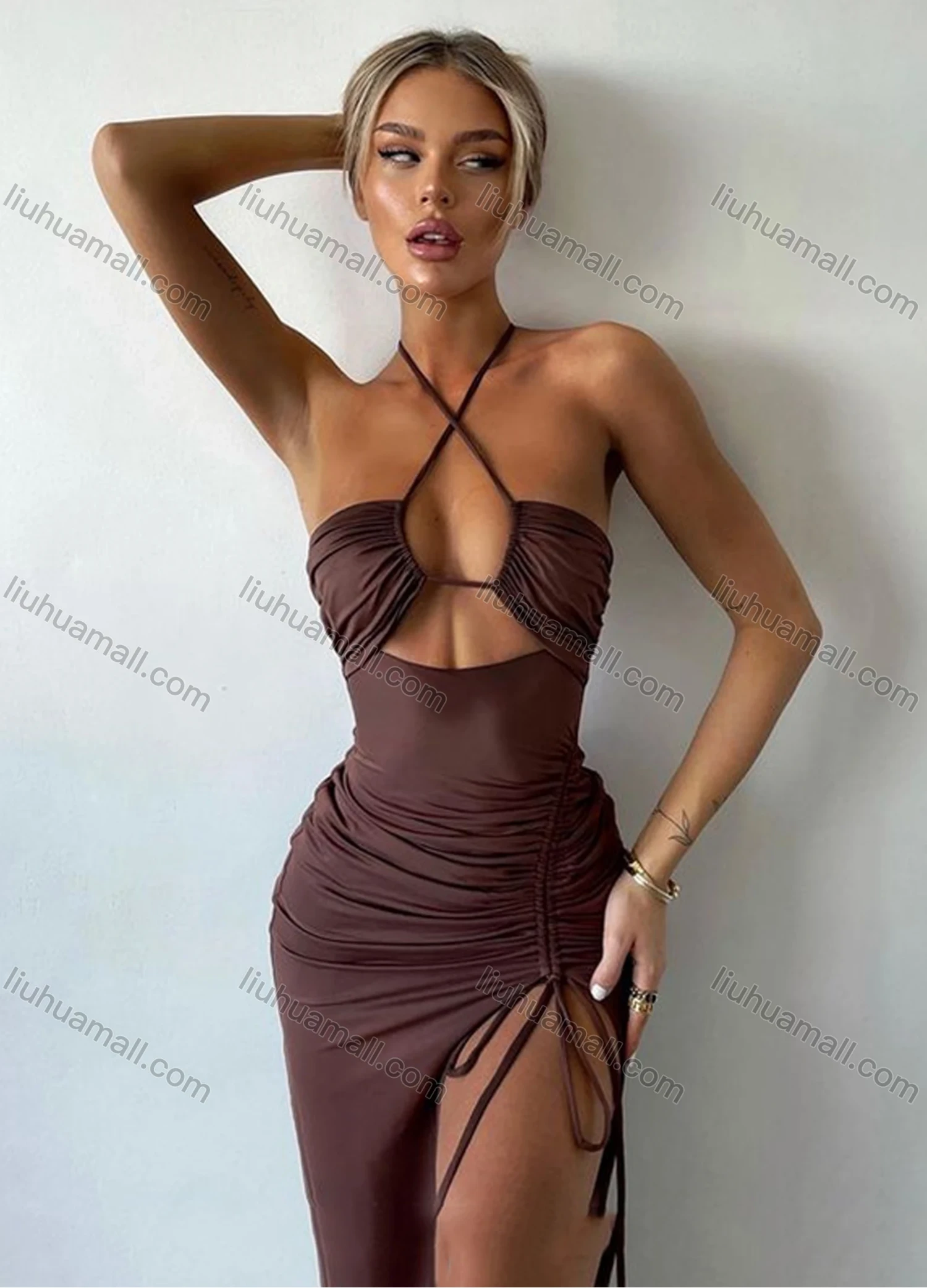 Wholesale Women's Sexy Halter Criss Cross Drawstring Ruched Cut Out Split Thign Evening Dress - Liuhuamall