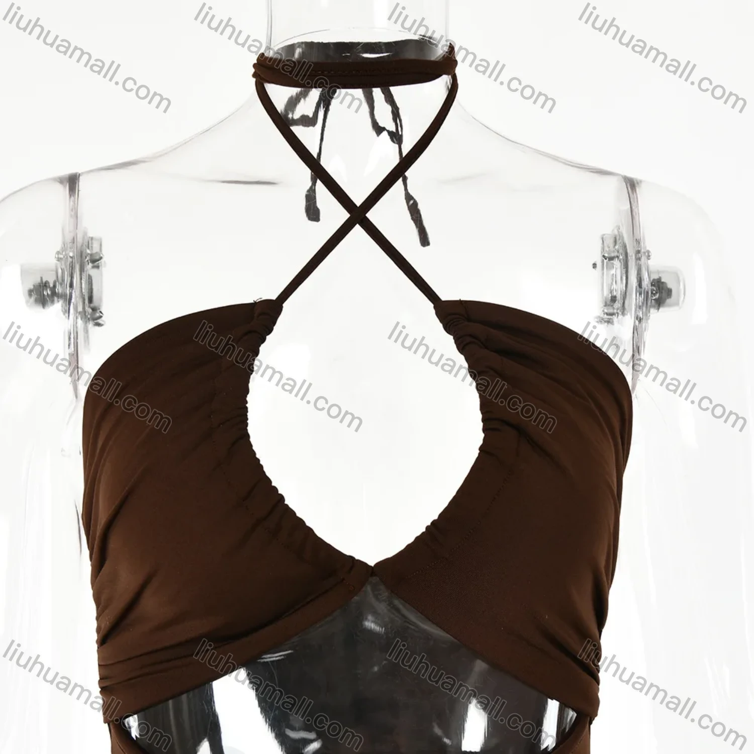 Wholesale Women's Sexy Halter Criss Cross Drawstring Ruched Cut Out Split Thign Evening Dress - Liuhuamall