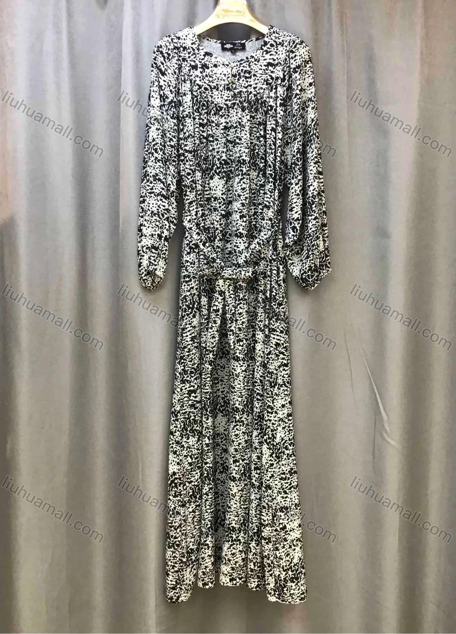 Wholesale Women's Casual Dalmatian Print Ruched Button Front Crew Neck Long Sleeve Maxi Dress With Belt - Liuhuamall
