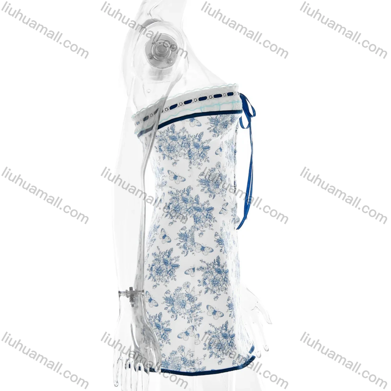 Wholesale Women's Casual Strapless Lace Up Allover Ditsy Floral Print Splicing Bandage Dress - Liuhuamall