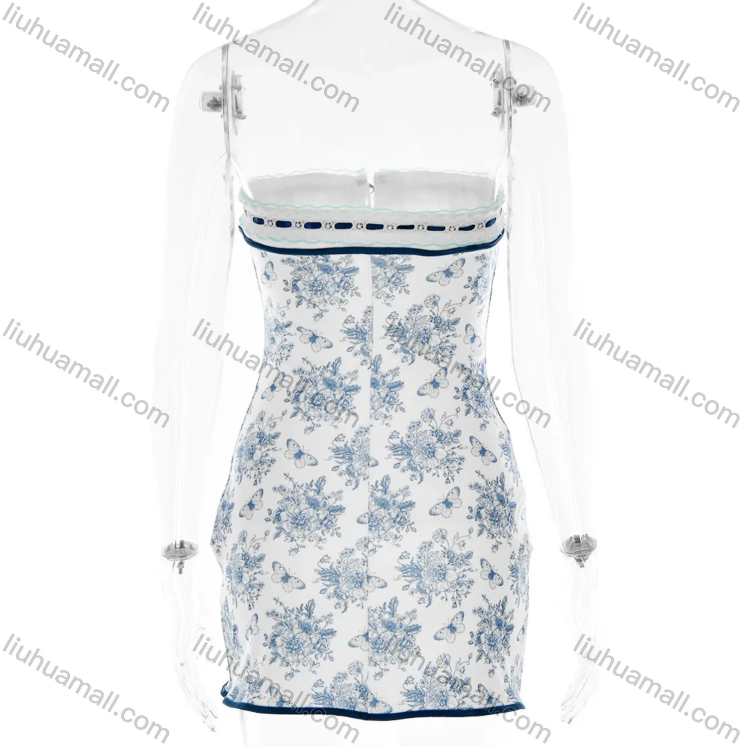 Wholesale Women's Casual Strapless Lace Up Allover Ditsy Floral Print Splicing Bandage Dress - Liuhuamall