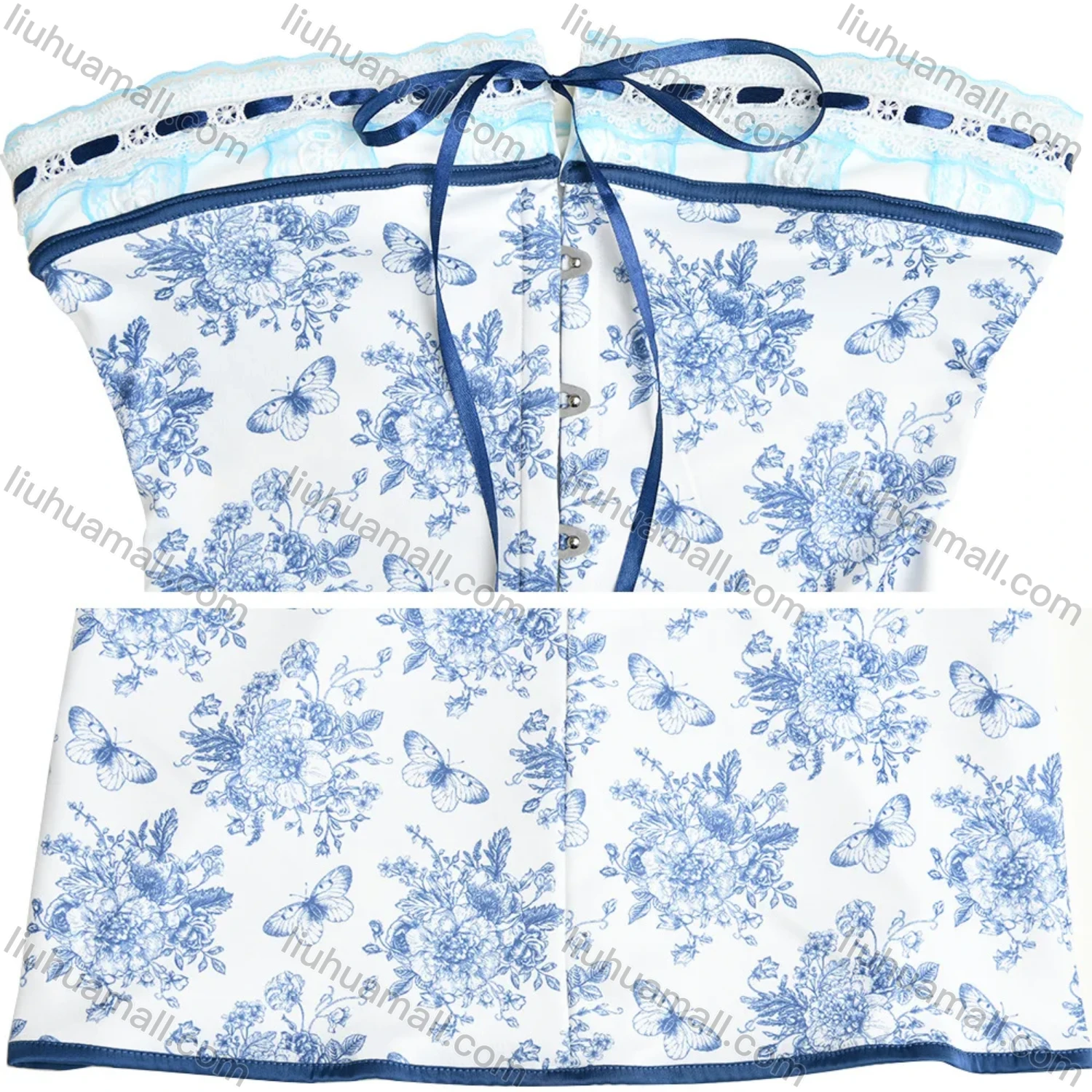 Wholesale Women's Casual Strapless Lace Up Allover Ditsy Floral Print Splicing Bandage Dress - Liuhuamall