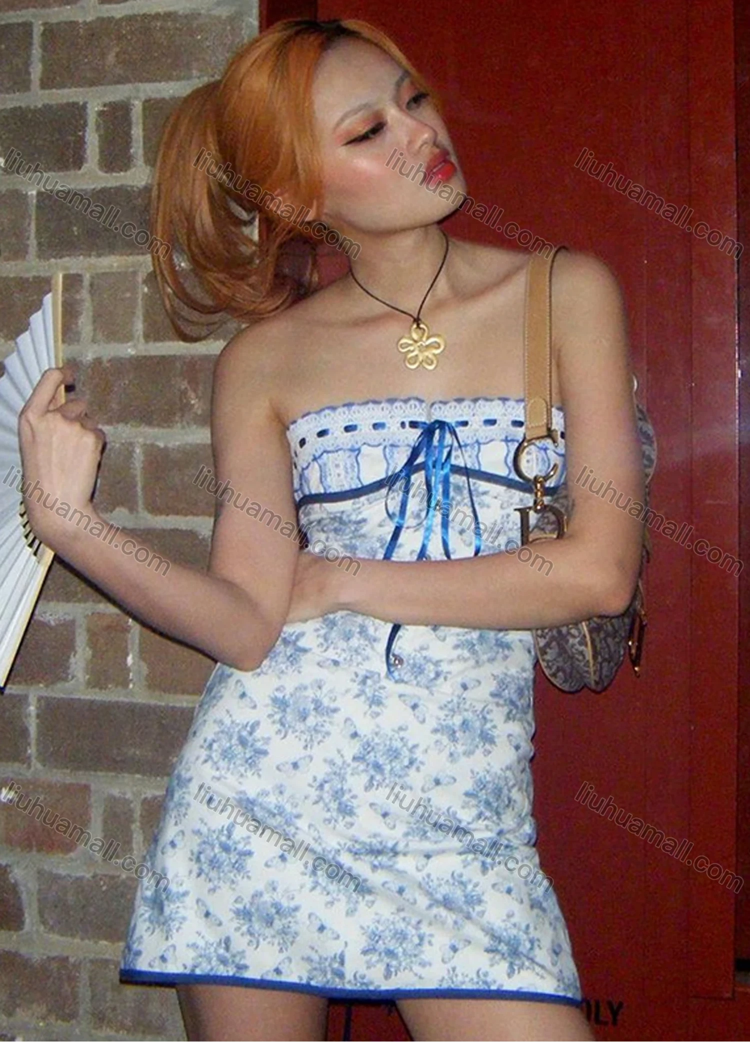 Wholesale Women's Casual Strapless Lace Up Allover Ditsy Floral Print Splicing Bandage Dress - Liuhuamall