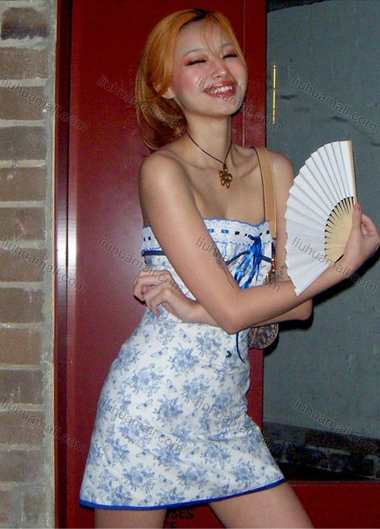 Wholesale Women's Casual Strapless Lace Up Allover Ditsy Floral Print Splicing Bandage Dress - Liuhuamall