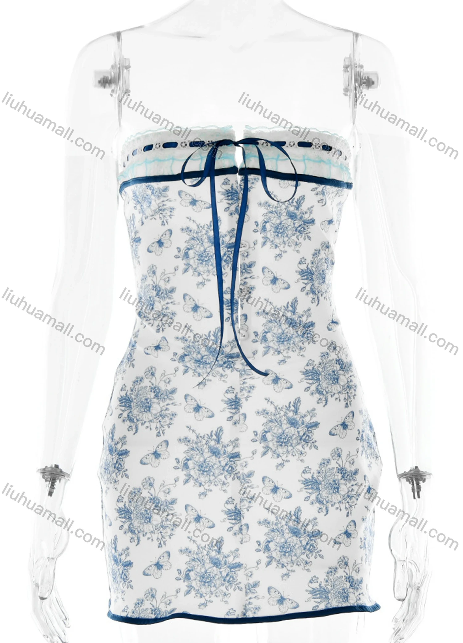 Wholesale Women's Casual Strapless Lace Up Allover Ditsy Floral Print Splicing Bandage Dress - Liuhuamall