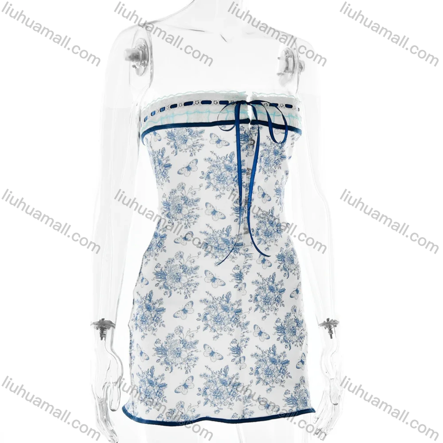 Wholesale Women's Casual Strapless Lace Up Allover Ditsy Floral Print Splicing Bandage Dress - Liuhuamall