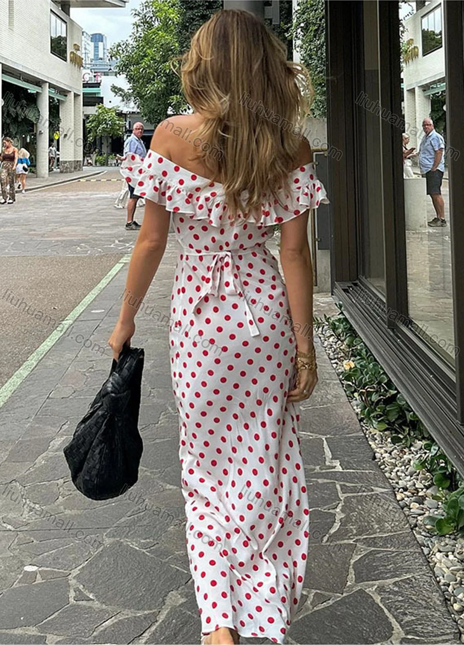 Wholesale Women's Casual Off Shoulder Polka Dots Print Ruffle Trim Maxi Dress - Liuhuamall