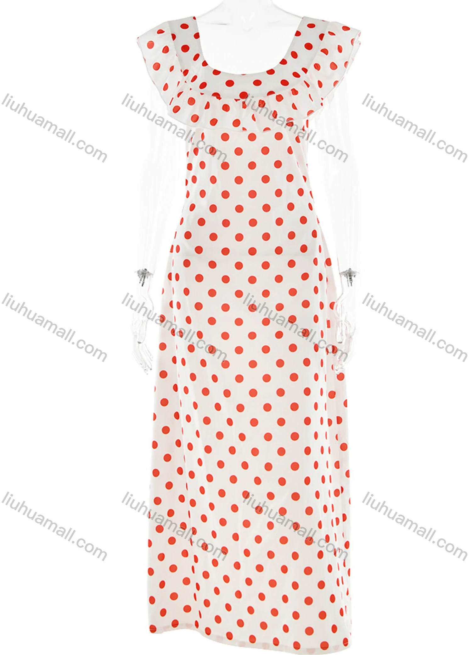Wholesale Women's Casual Off Shoulder Polka Dots Print Ruffle Trim Maxi Dress - Liuhuamall