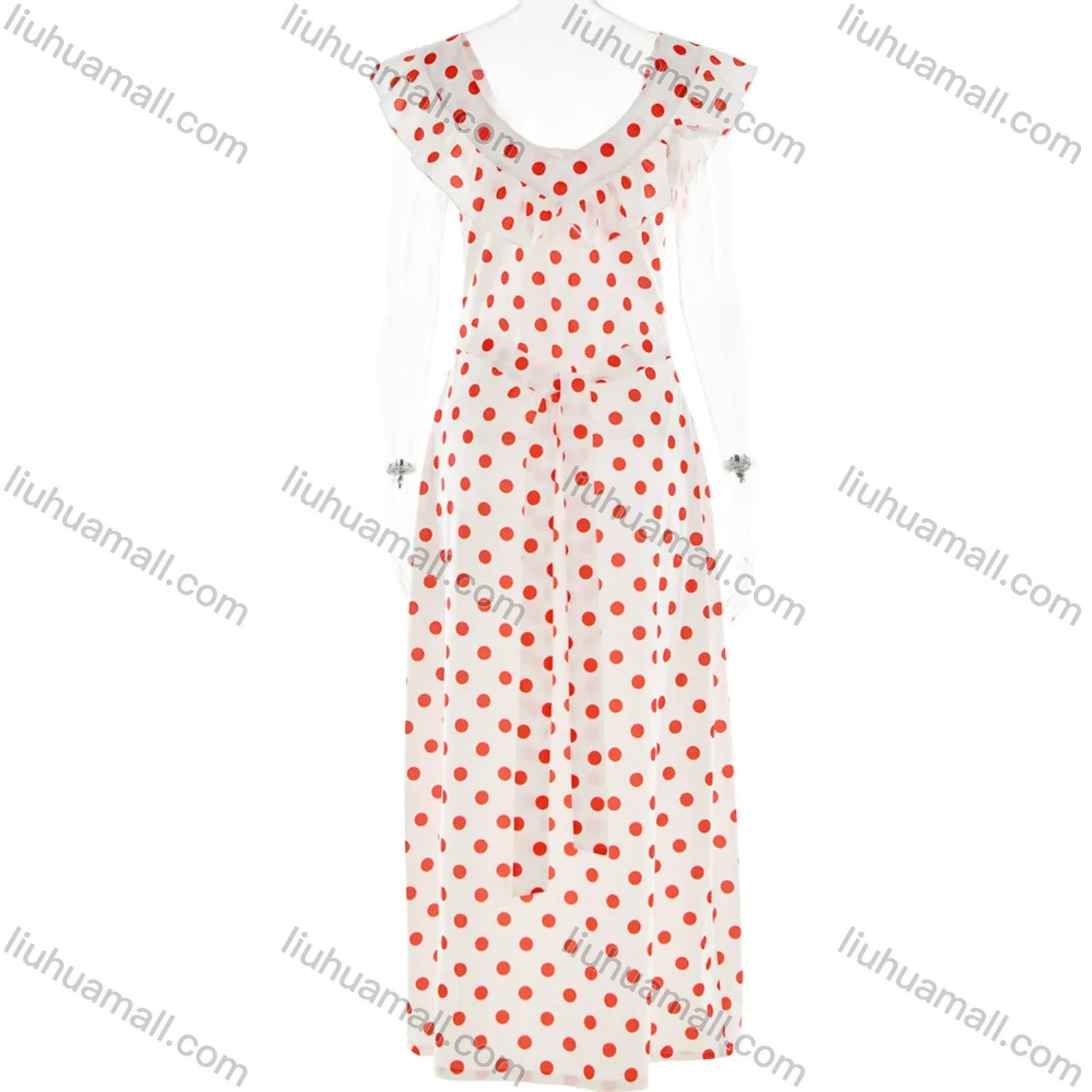 Wholesale Women's Casual Off Shoulder Polka Dots Print Ruffle Trim Maxi Dress - Liuhuamall