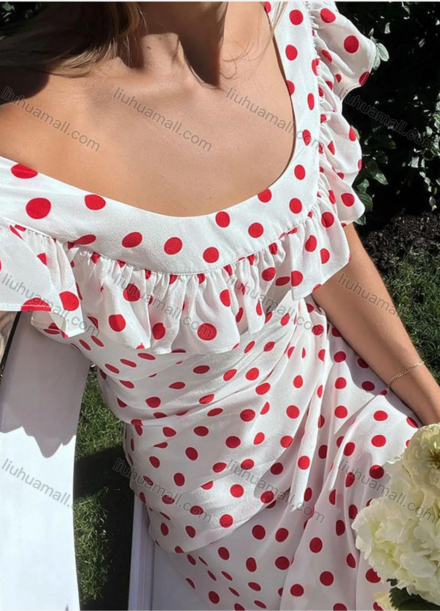 Wholesale Women's Casual Off Shoulder Polka Dots Print Ruffle Trim Maxi Dress - Liuhuamall