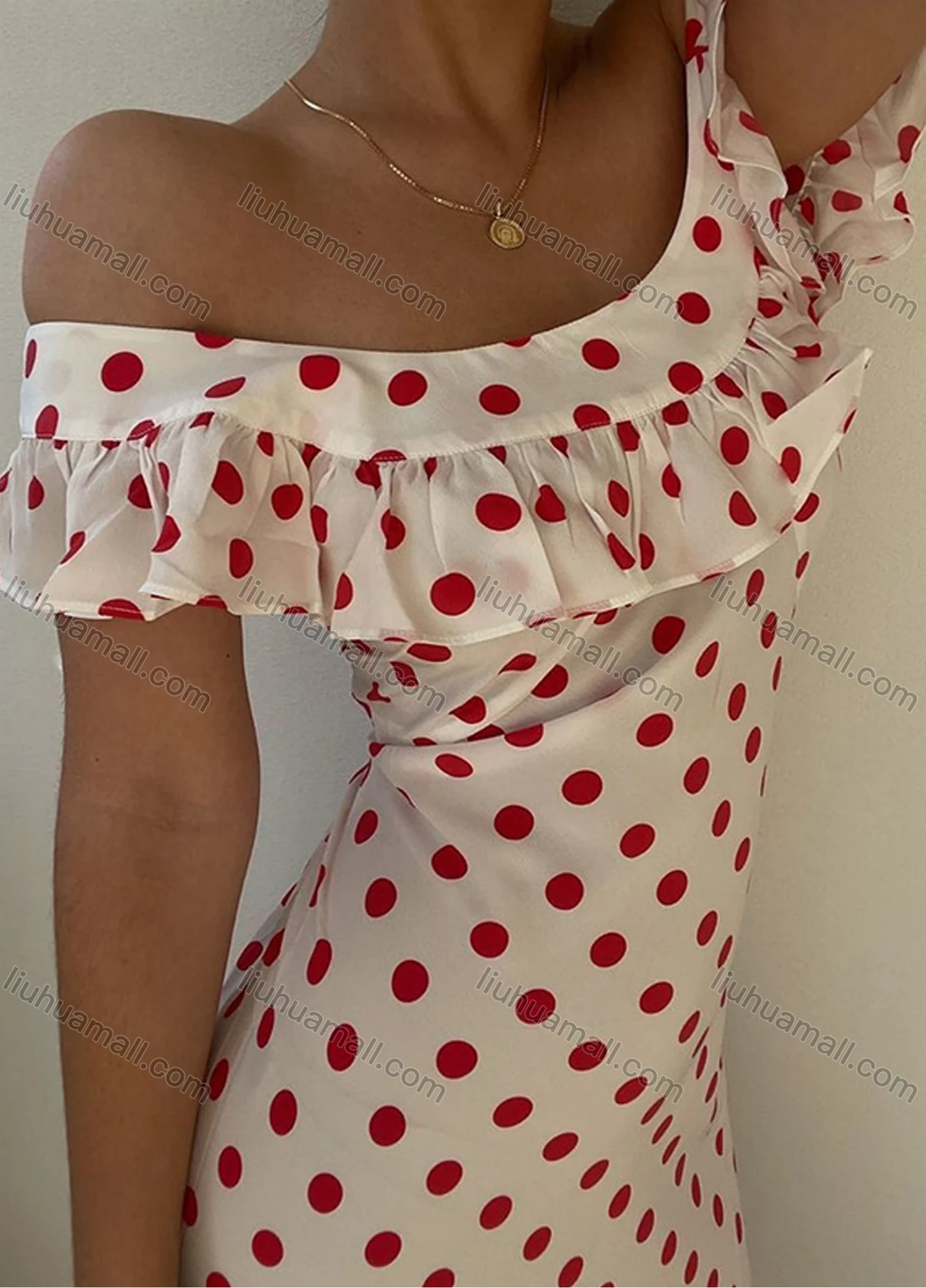 Wholesale Women's Casual Off Shoulder Polka Dots Print Ruffle Trim Maxi Dress - Liuhuamall