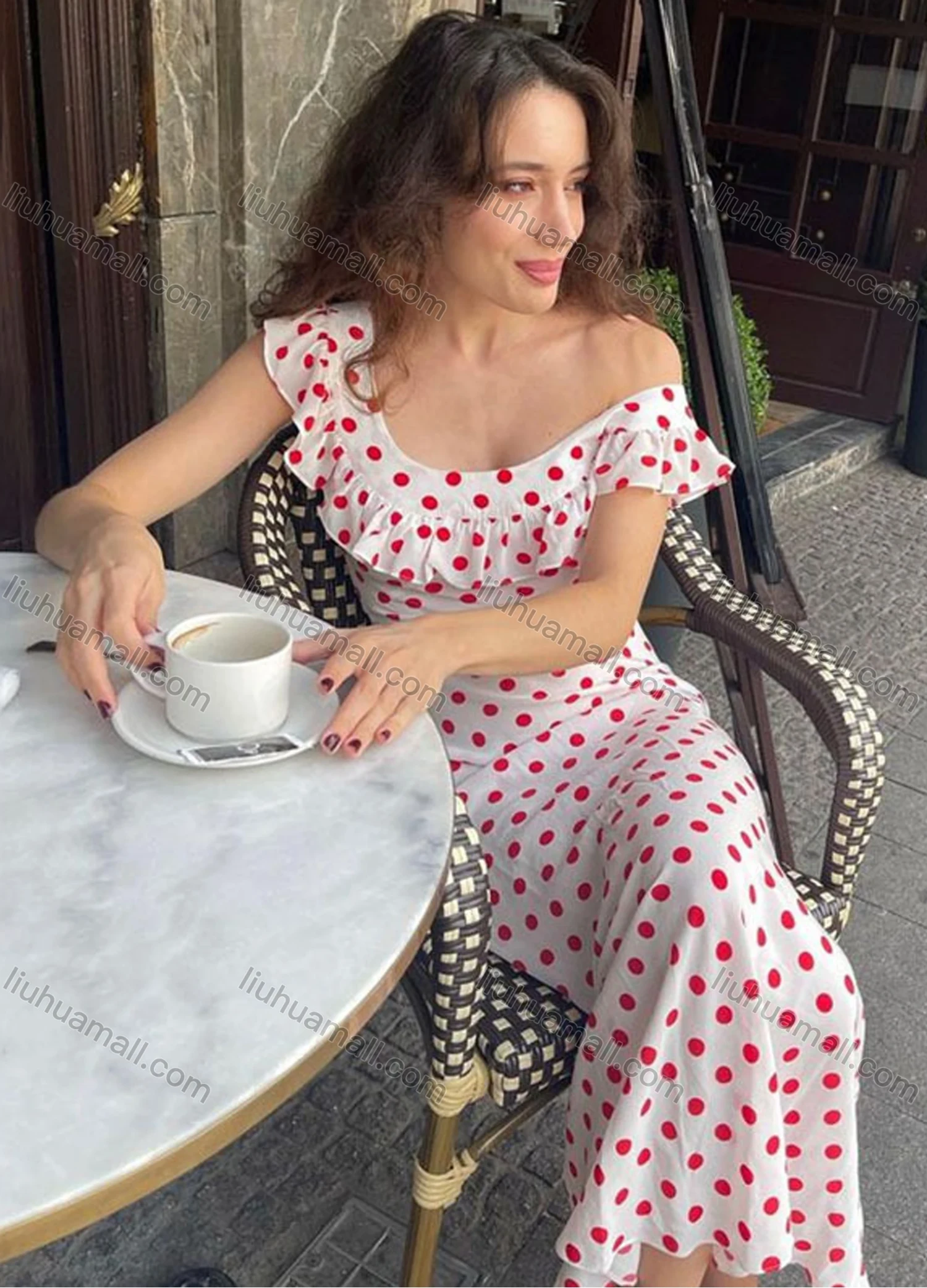 Wholesale Women's Casual Off Shoulder Polka Dots Print Ruffle Trim Maxi Dress - Liuhuamall