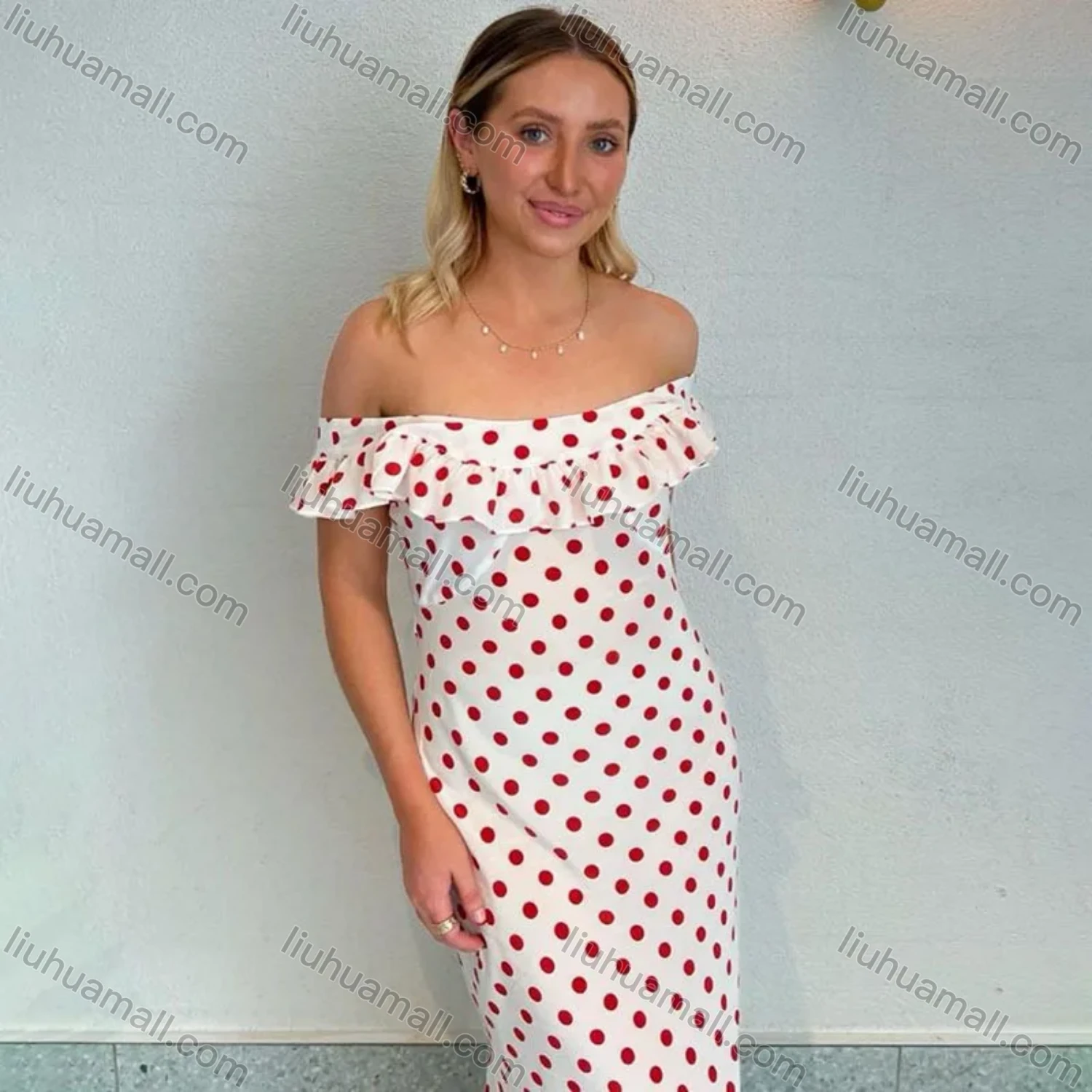 Wholesale Women's Casual Off Shoulder Polka Dots Print Ruffle Trim Maxi Dress - Liuhuamall