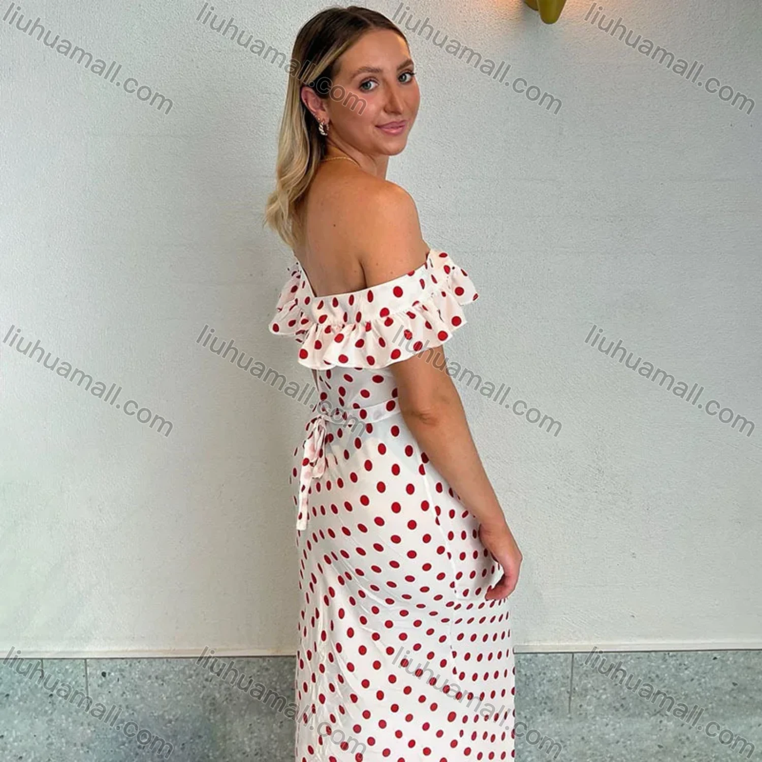 Wholesale Women's Casual Off Shoulder Polka Dots Print Ruffle Trim Maxi Dress - Liuhuamall