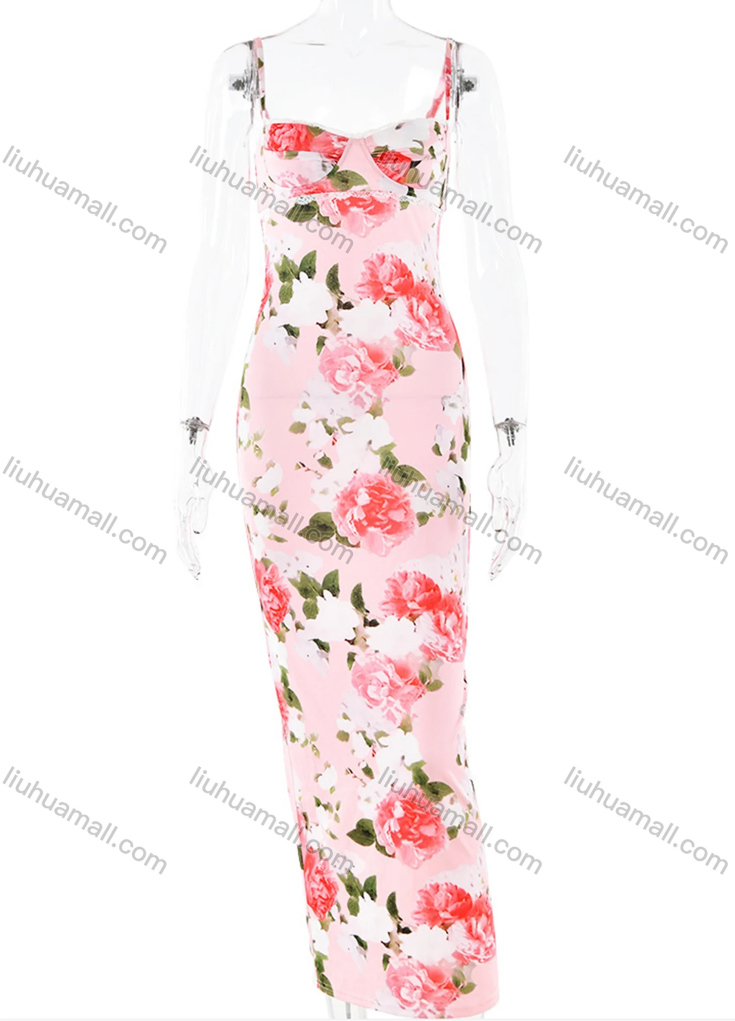 Wholesale Women's Elegant Spaghetti Strap Allover Floral Print Splicing Maxi Cami Dress - Liuhuamall