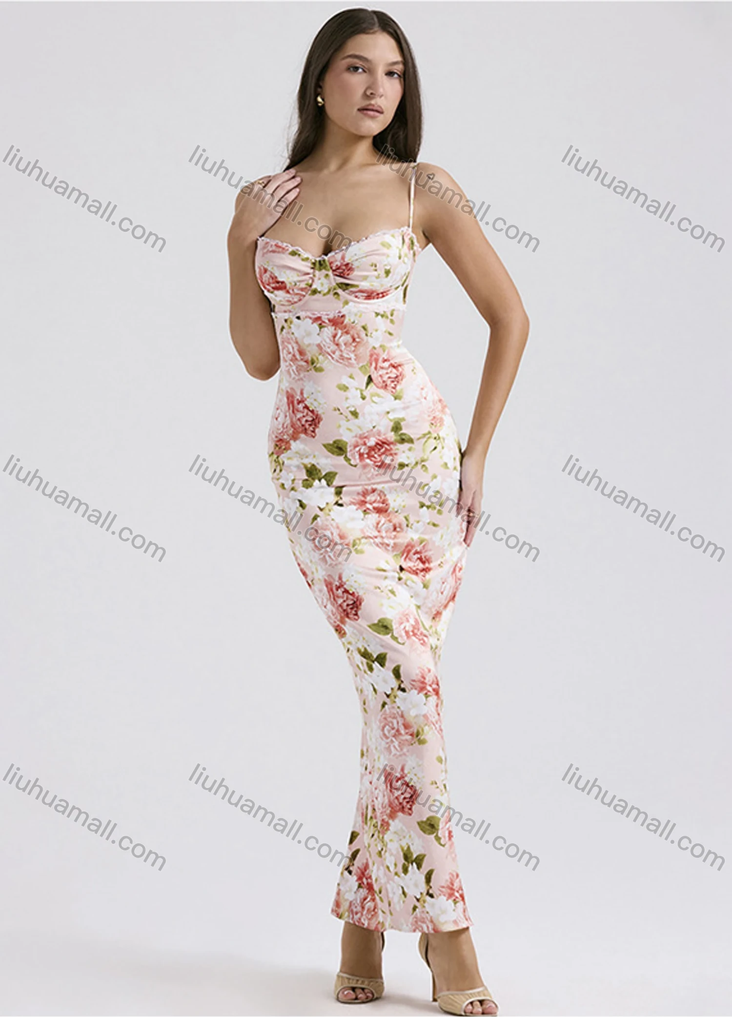 Wholesale Women's Elegant Spaghetti Strap Allover Floral Print Splicing Maxi Cami Dress - Liuhuamall