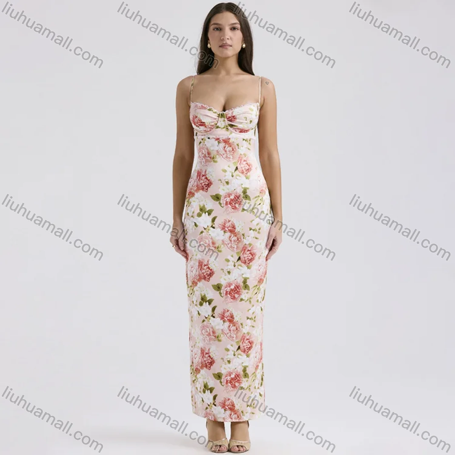 Wholesale Women's Elegant Spaghetti Strap Allover Floral Print Splicing Maxi Cami Dress - Liuhuamall