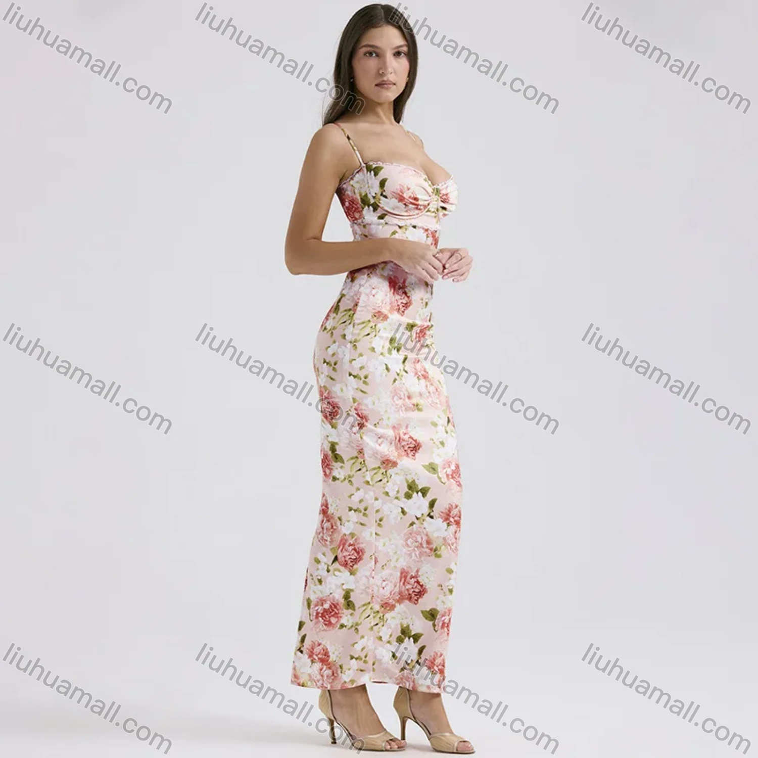 Wholesale Women's Elegant Spaghetti Strap Allover Floral Print Splicing Maxi Cami Dress - Liuhuamall