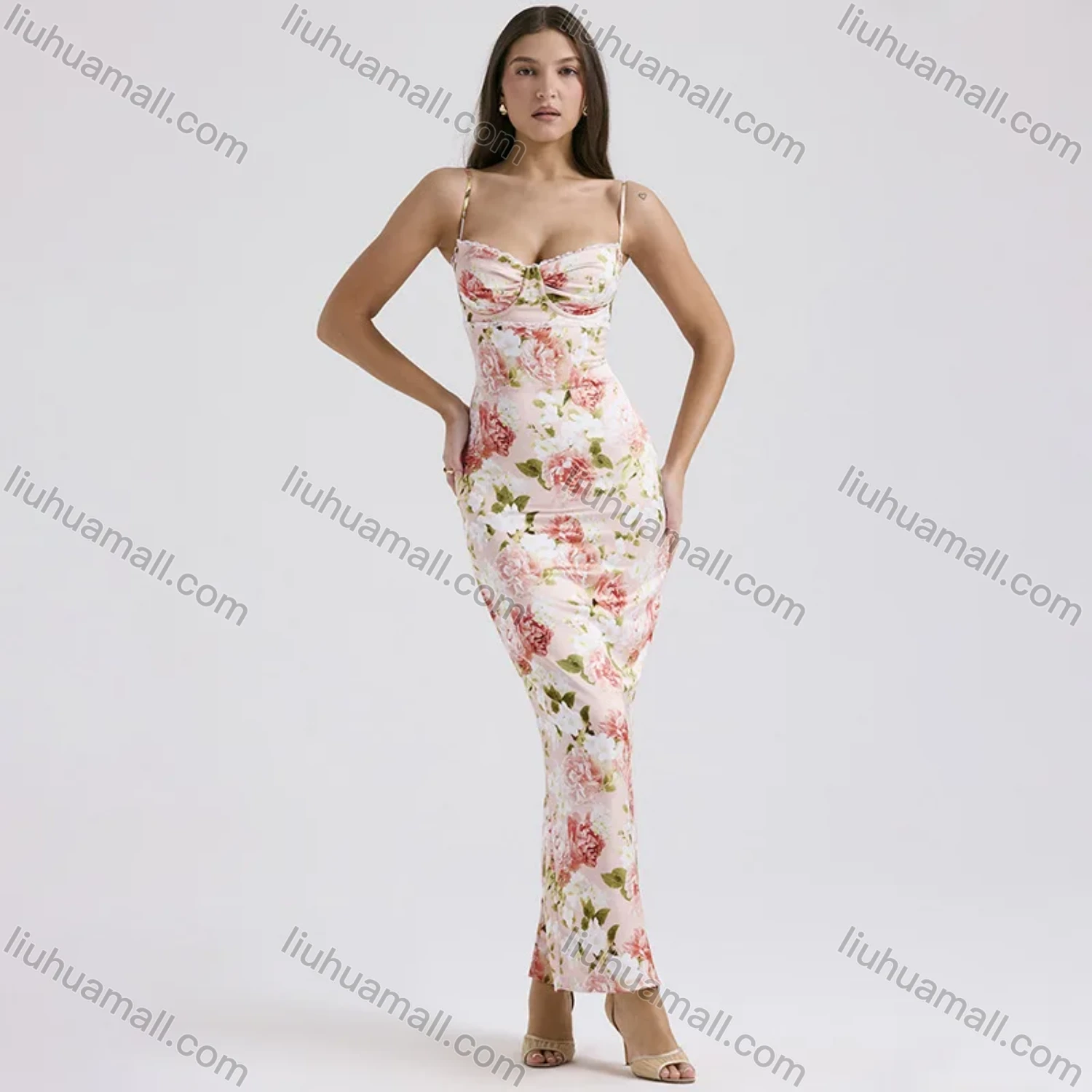Wholesale Women's Elegant Spaghetti Strap Allover Floral Print Splicing Maxi Cami Dress - Liuhuamall