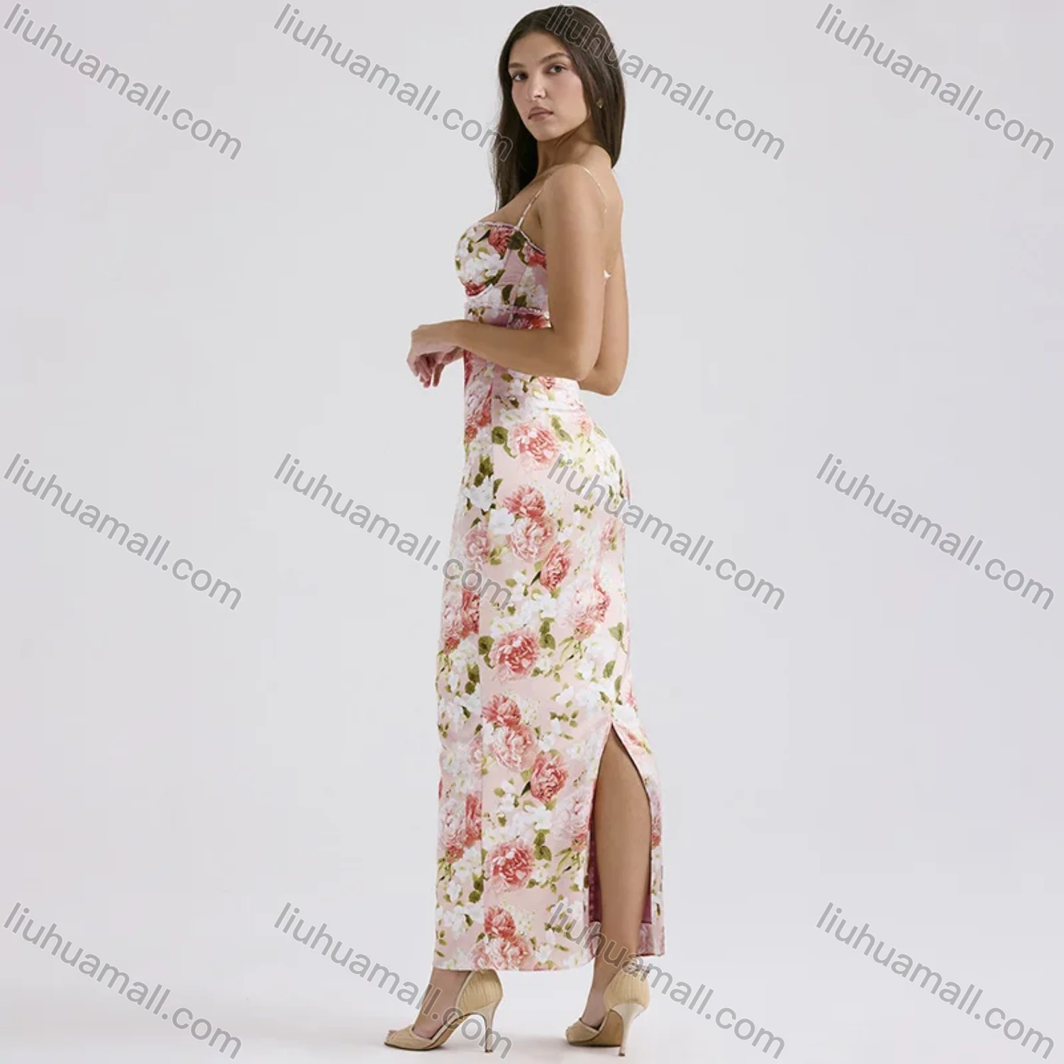 Wholesale Women's Elegant Spaghetti Strap Allover Floral Print Splicing Maxi Cami Dress - Liuhuamall