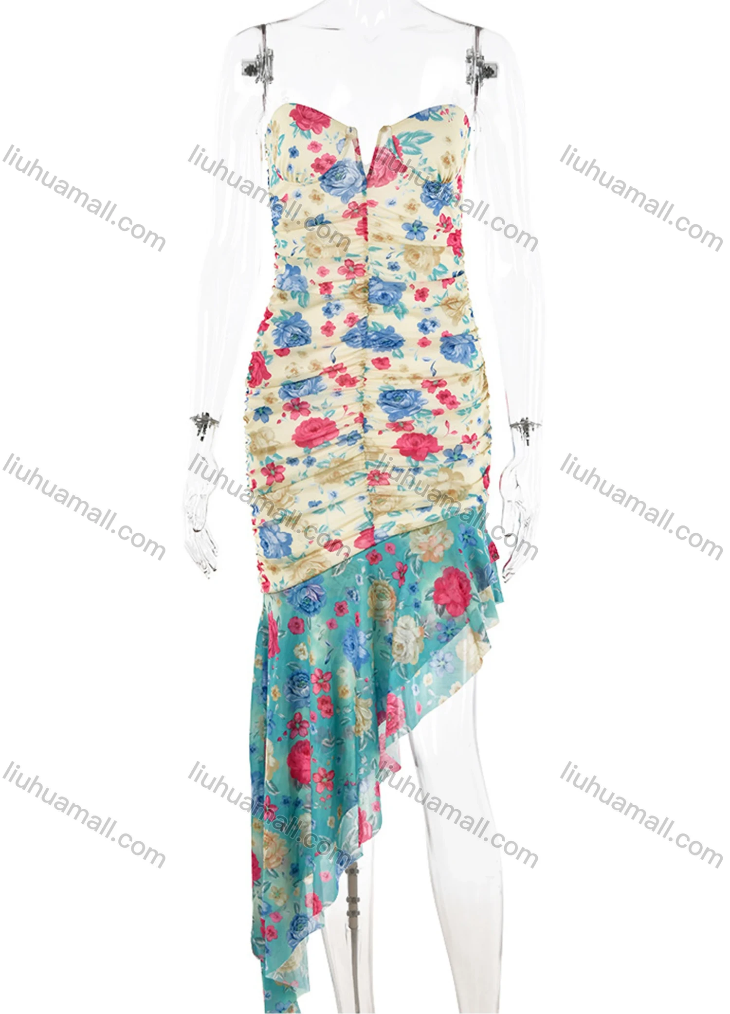 Wholesale Women's Casual Strapless Floral Print Asymmetrical Hem Ruched Ruffle Trim Maxi Dress - Liuhuamall