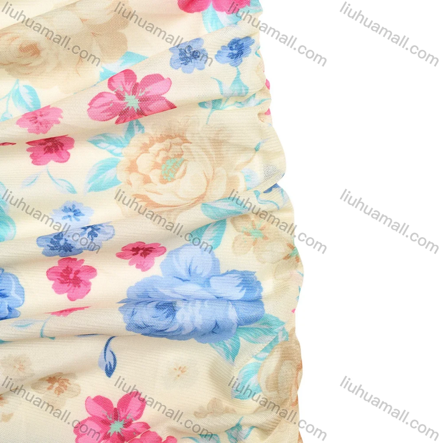 Wholesale Women's Casual Strapless Floral Print Asymmetrical Hem Ruched Ruffle Trim Maxi Dress - Liuhuamall