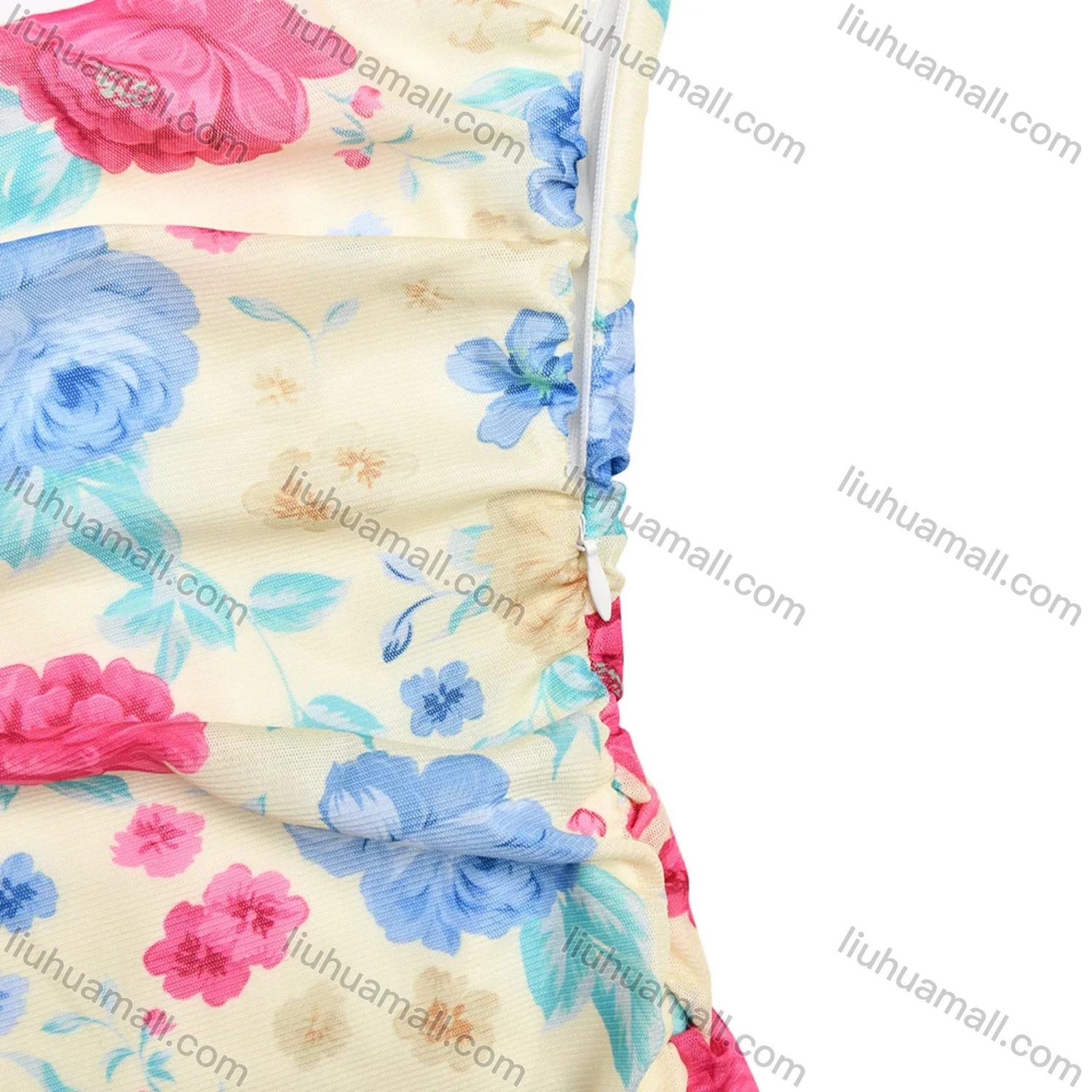 Wholesale Women's Casual Strapless Floral Print Asymmetrical Hem Ruched Ruffle Trim Maxi Dress - Liuhuamall