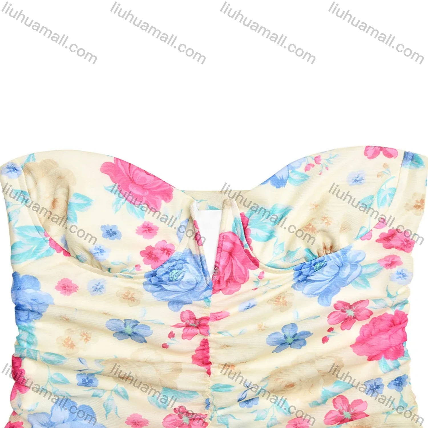 Wholesale Women's Casual Strapless Floral Print Asymmetrical Hem Ruched Ruffle Trim Maxi Dress - Liuhuamall