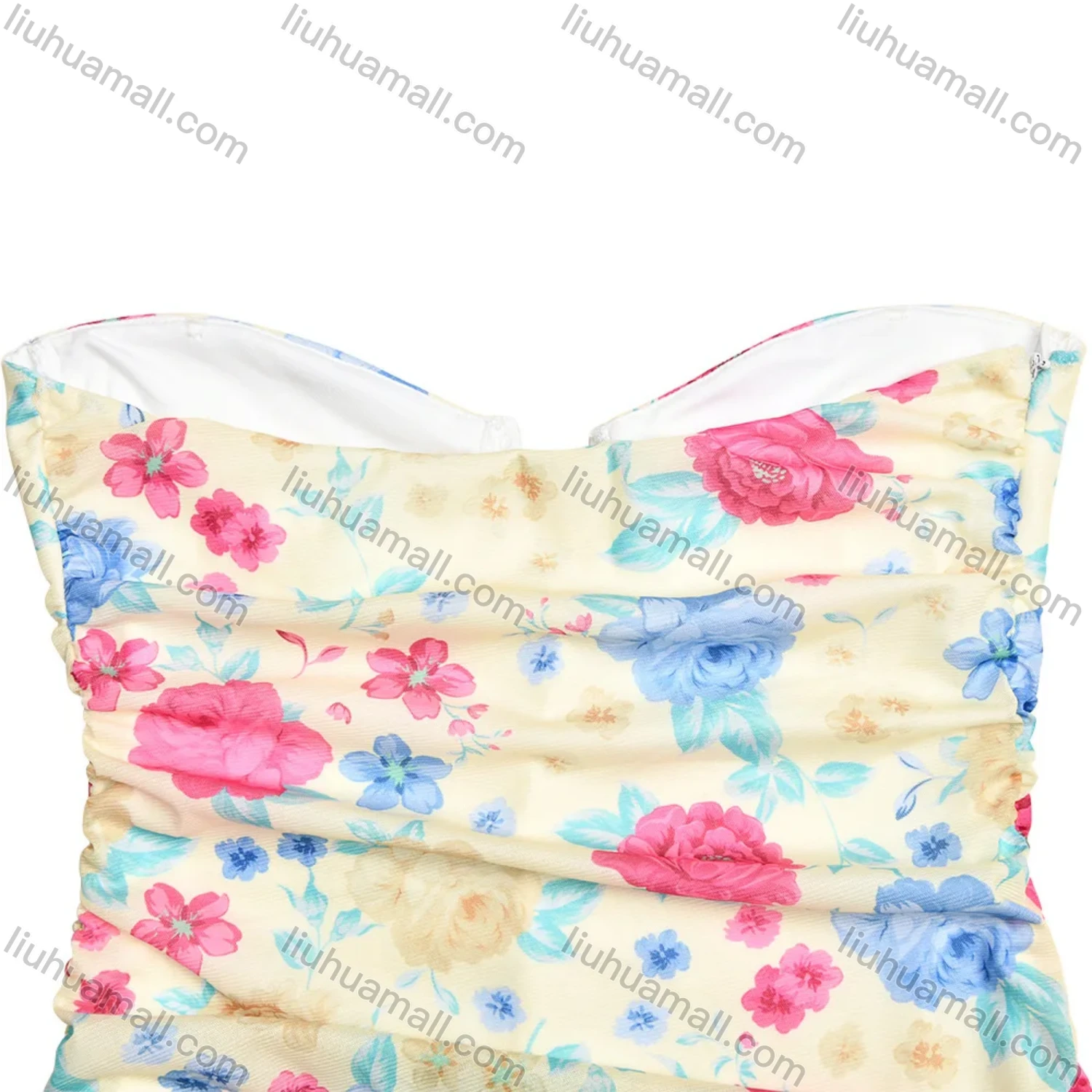 Wholesale Women's Casual Strapless Floral Print Asymmetrical Hem Ruched Ruffle Trim Maxi Dress - Liuhuamall