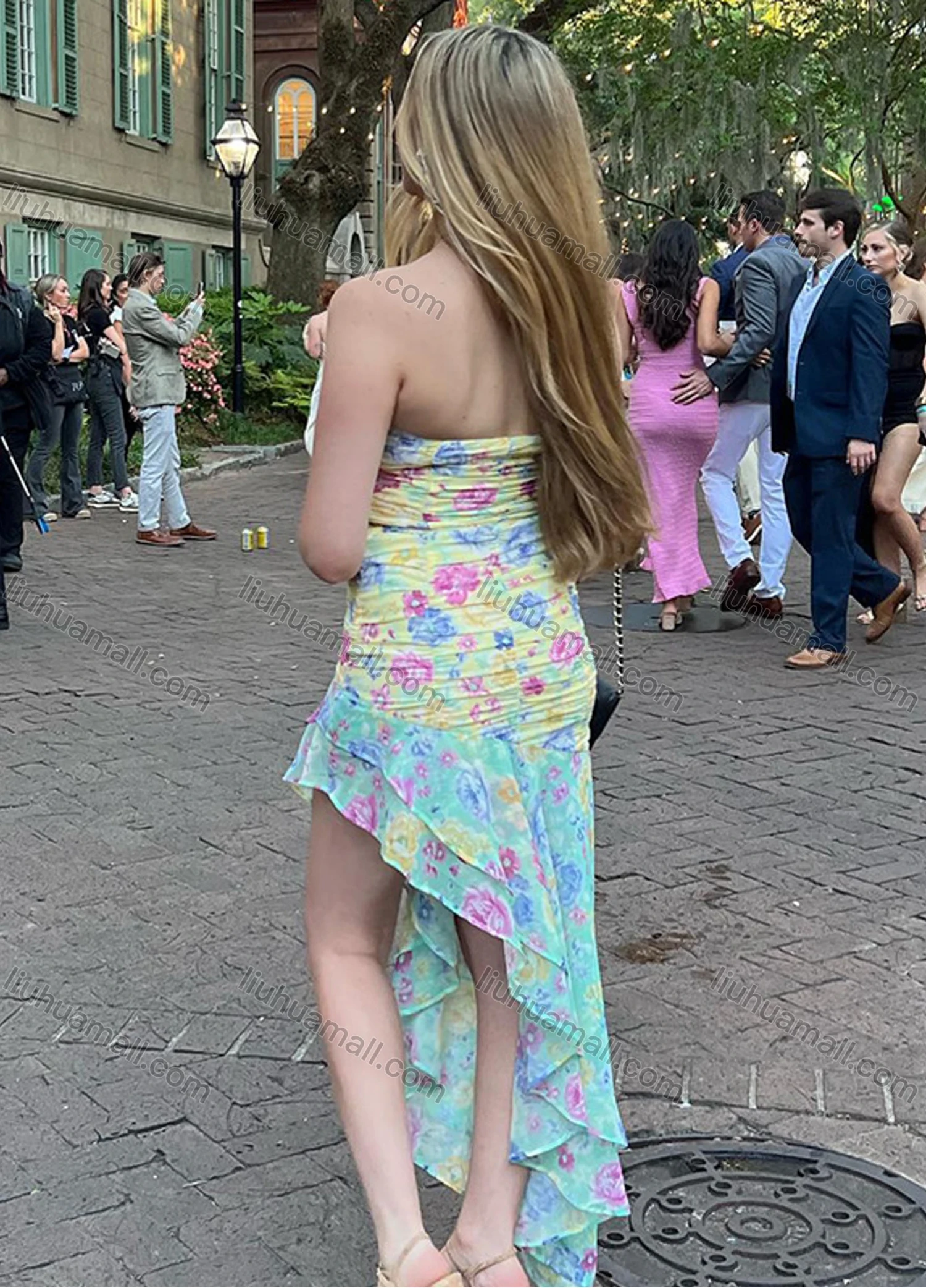 Wholesale Women's Casual Strapless Floral Print Asymmetrical Hem Ruched Ruffle Trim Maxi Dress - Liuhuamall