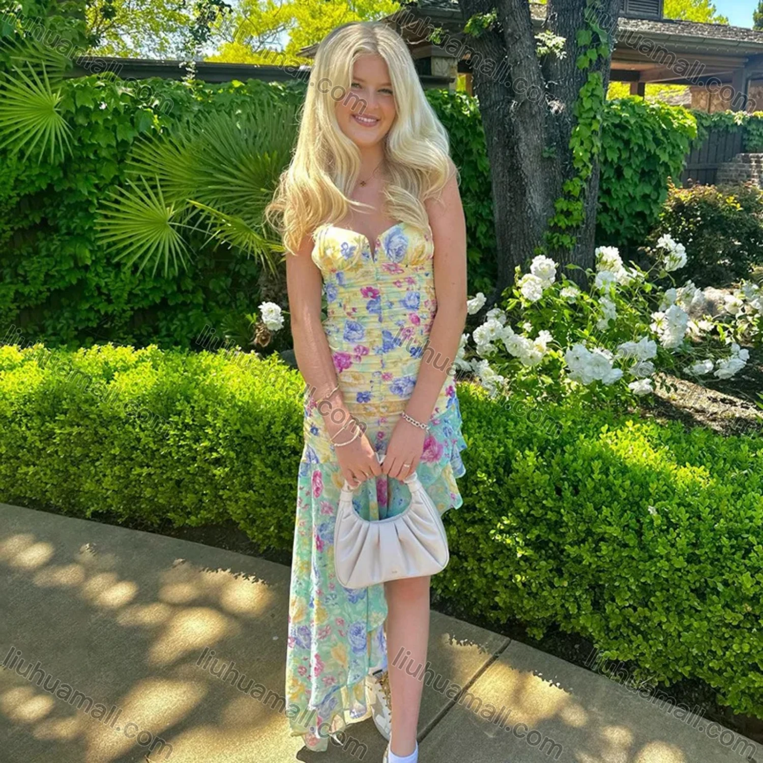 Wholesale Women's Casual Strapless Floral Print Asymmetrical Hem Ruched Ruffle Trim Maxi Dress - Liuhuamall