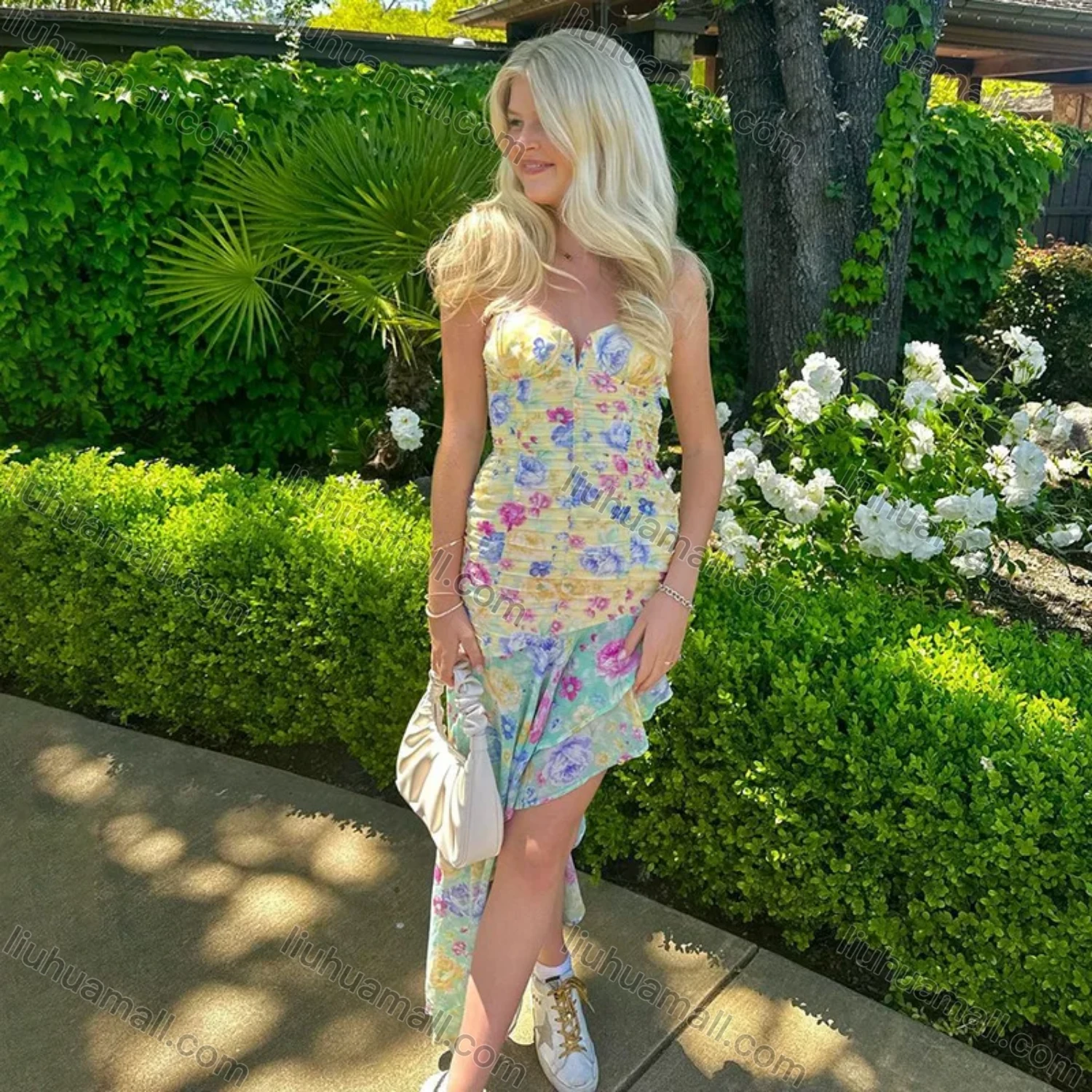 Wholesale Women's Casual Strapless Floral Print Asymmetrical Hem Ruched Ruffle Trim Maxi Dress - Liuhuamall