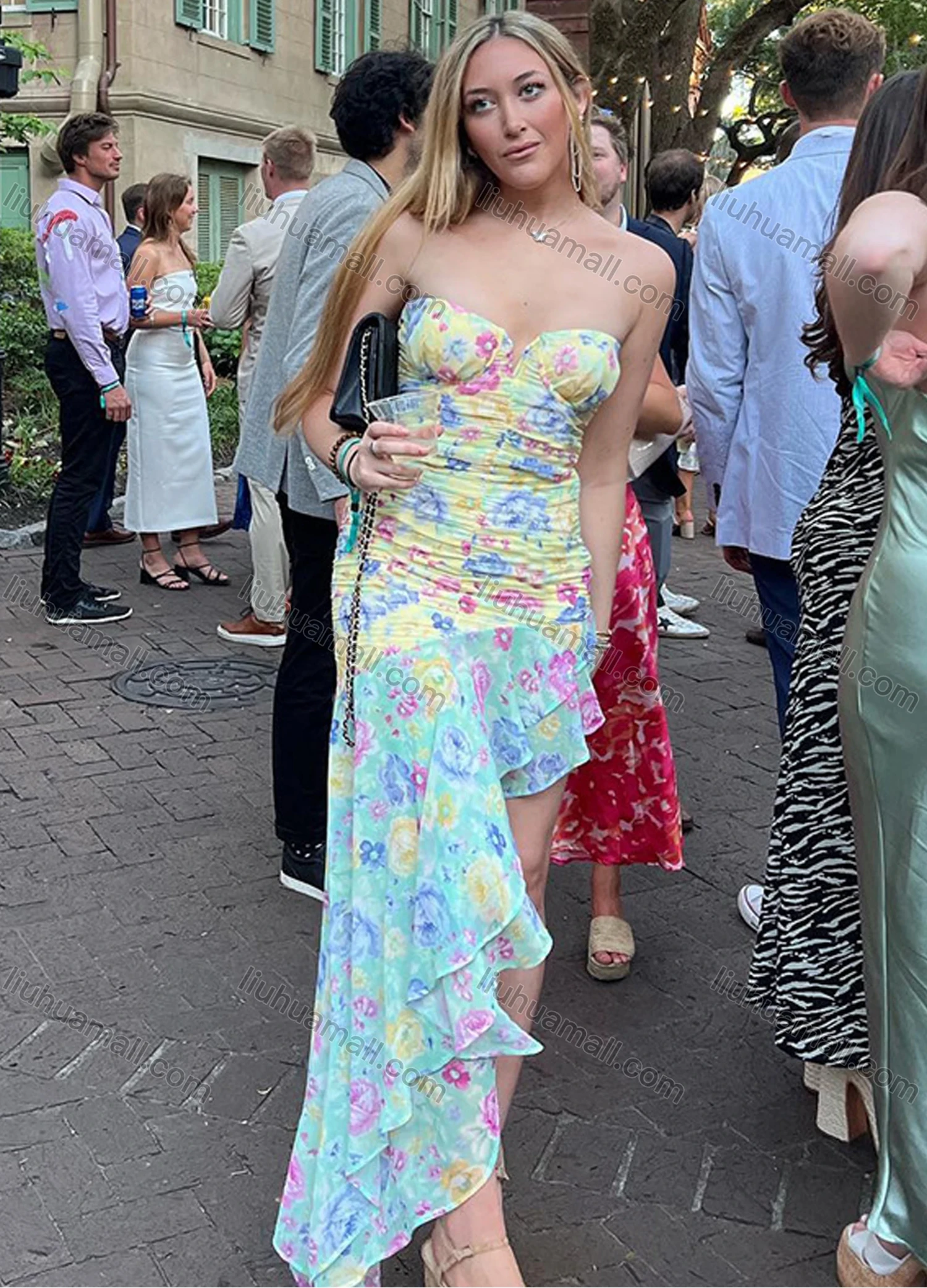 Wholesale Women's Casual Strapless Floral Print Asymmetrical Hem Ruched Ruffle Trim Maxi Dress - Liuhuamall