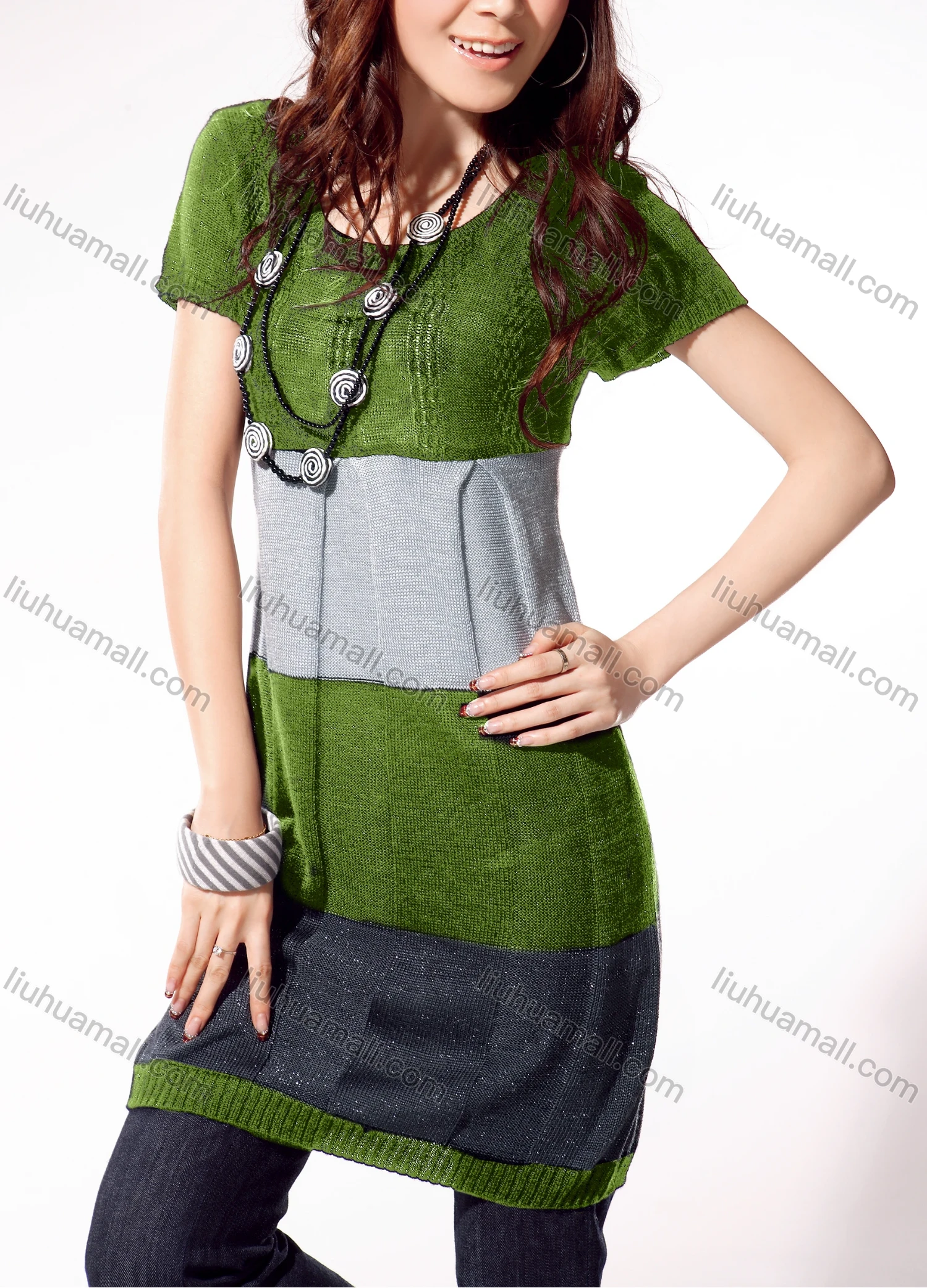 Wholesale Women's Casual Crew Neck Short Sleeve Colorblock Pullover Sweater 1183# - Liuhuamall