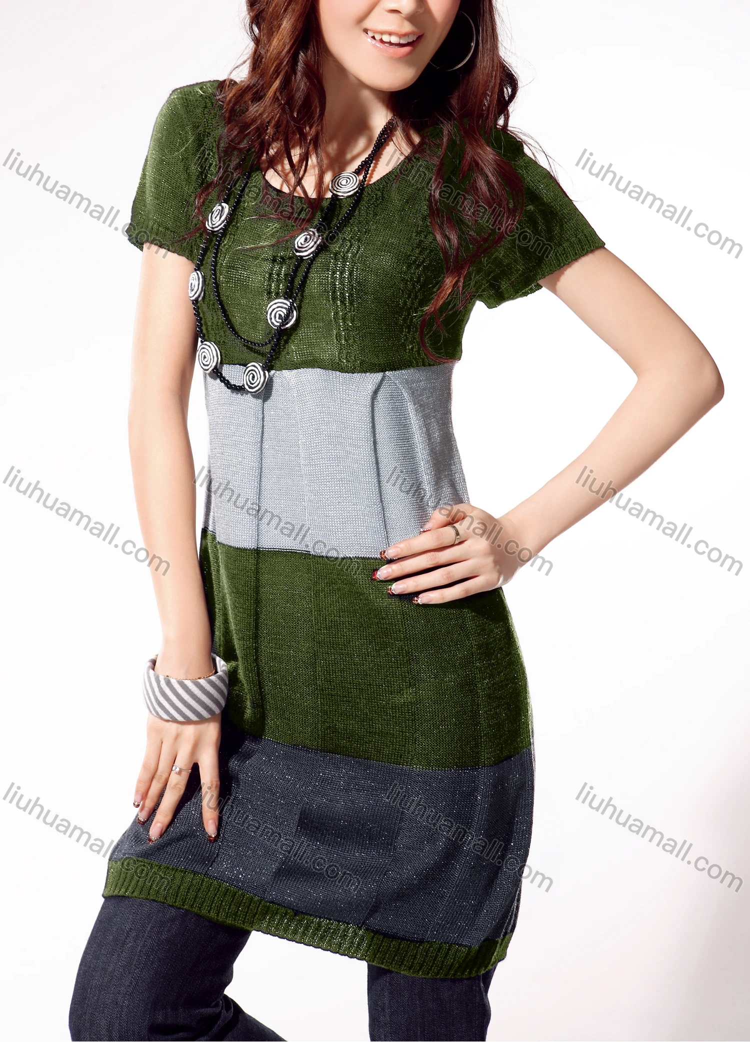 Wholesale Women's Casual Crew Neck Short Sleeve Colorblock Pullover Sweater 1183# - Liuhuamall