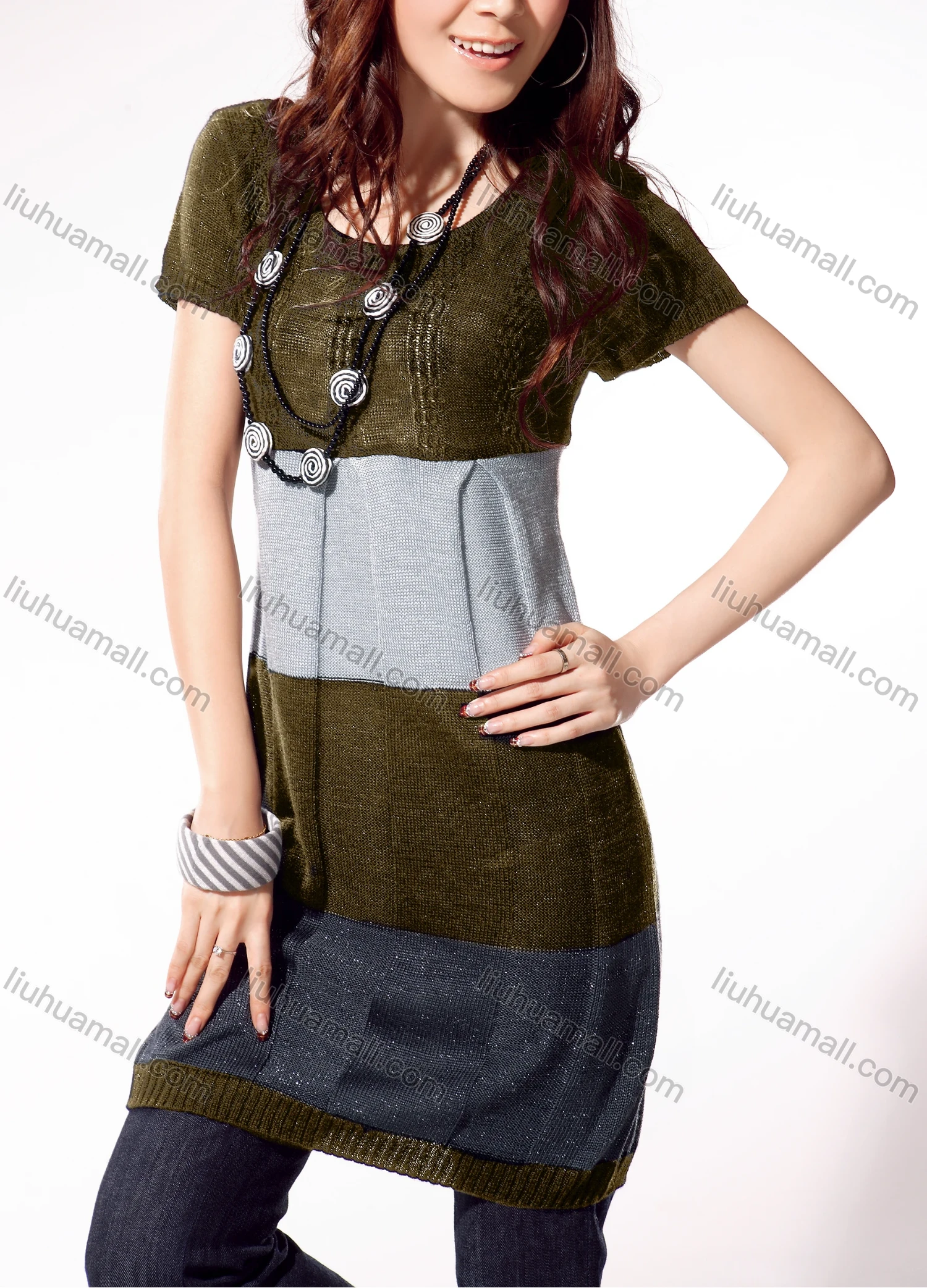 Wholesale Women's Casual Crew Neck Short Sleeve Colorblock Pullover Sweater 1183# - Liuhuamall