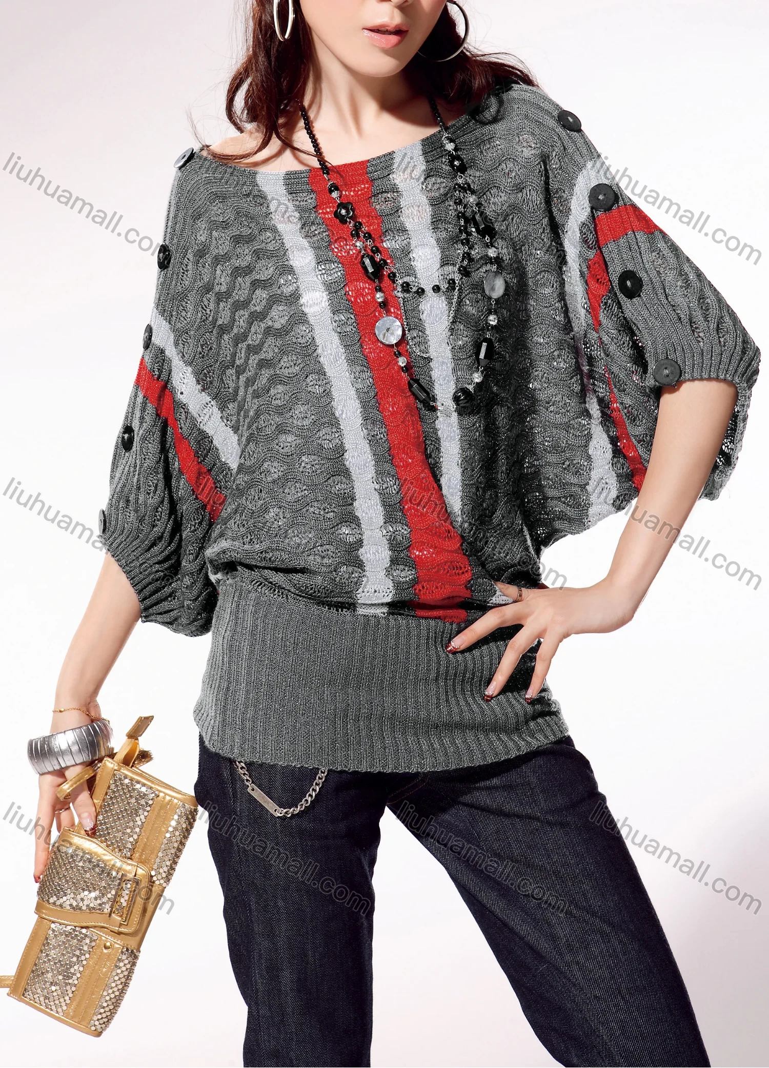 Wholesale Women's Casual Crew Neck Batwing Sleeve Striped Cable Knit Sweater - Liuhuamall