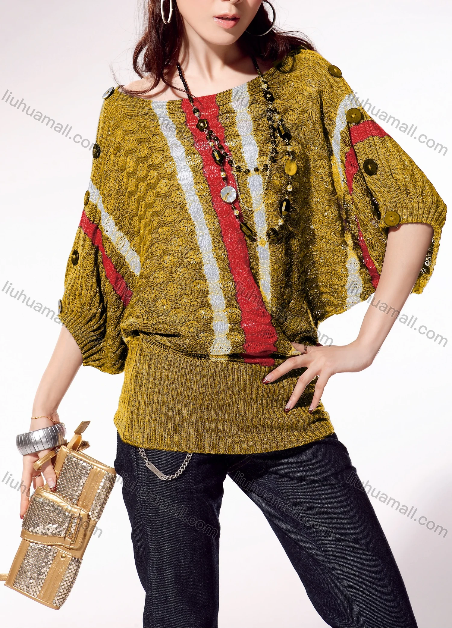 Wholesale Women's Casual Crew Neck Batwing Sleeve Striped Cable Knit Sweater - Liuhuamall