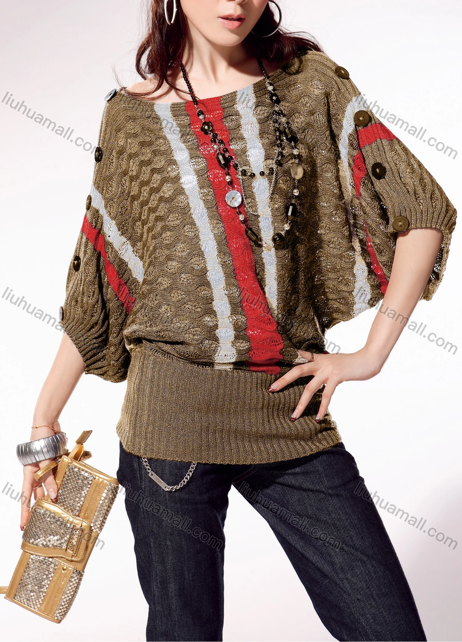 Wholesale Women's Casual Crew Neck Batwing Sleeve Striped Cable Knit Sweater - Liuhuamall