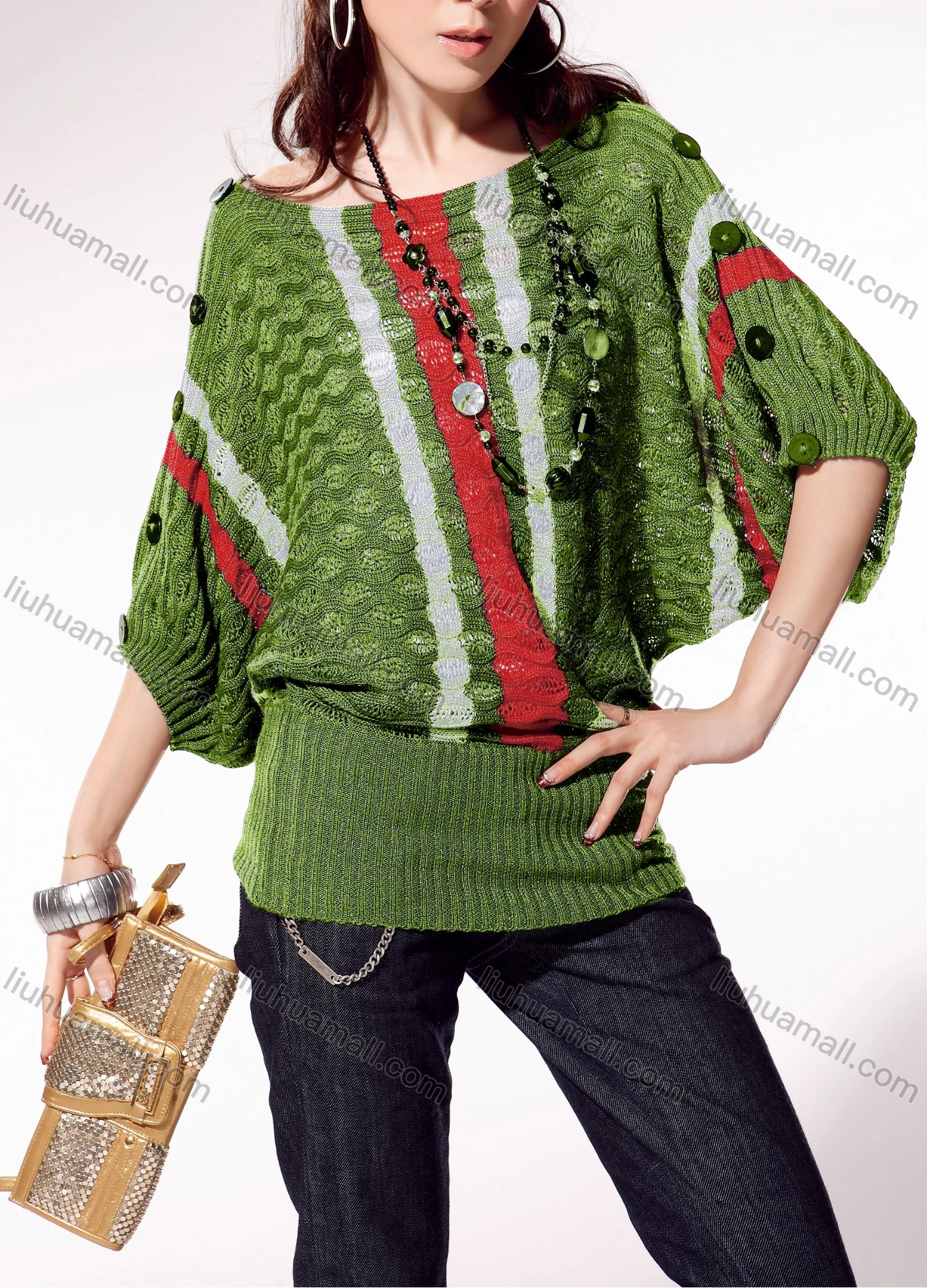 Wholesale Women's Casual Crew Neck Batwing Sleeve Striped Cable Knit Sweater - Liuhuamall