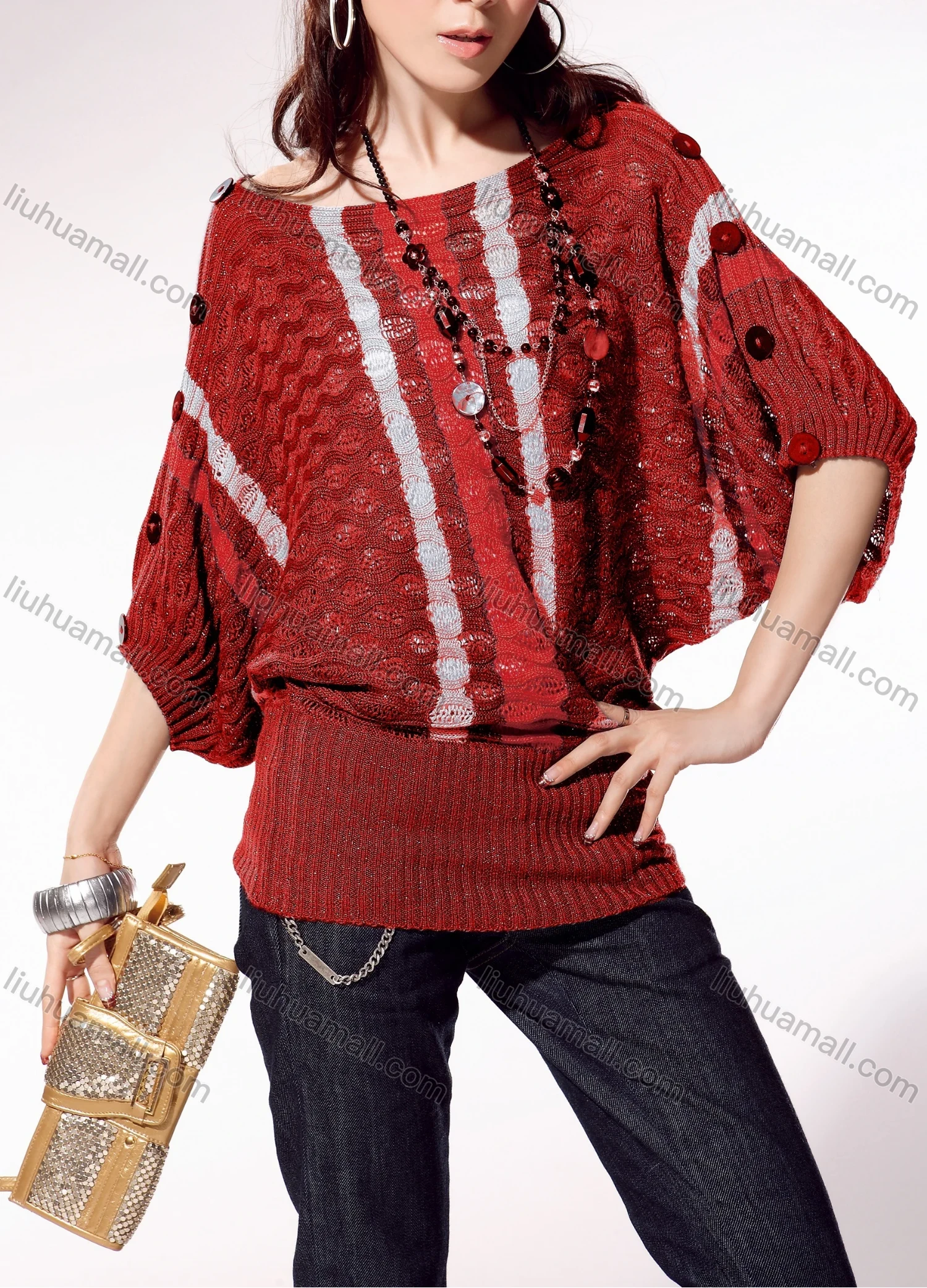 Wholesale Women's Casual Crew Neck Batwing Sleeve Striped Cable Knit Sweater - Liuhuamall