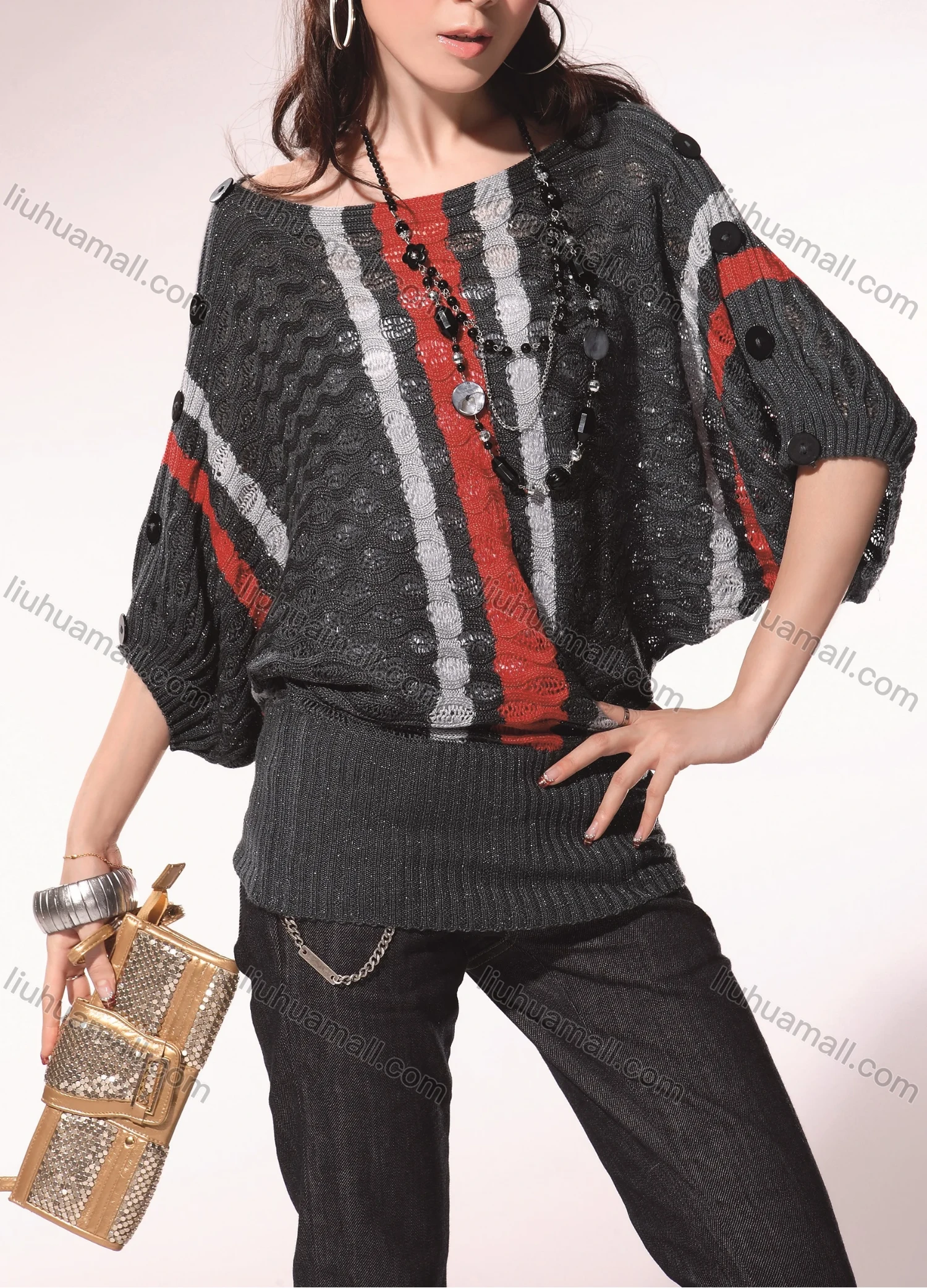 Wholesale Women's Casual Crew Neck Batwing Sleeve Striped Cable Knit Sweater - Liuhuamall