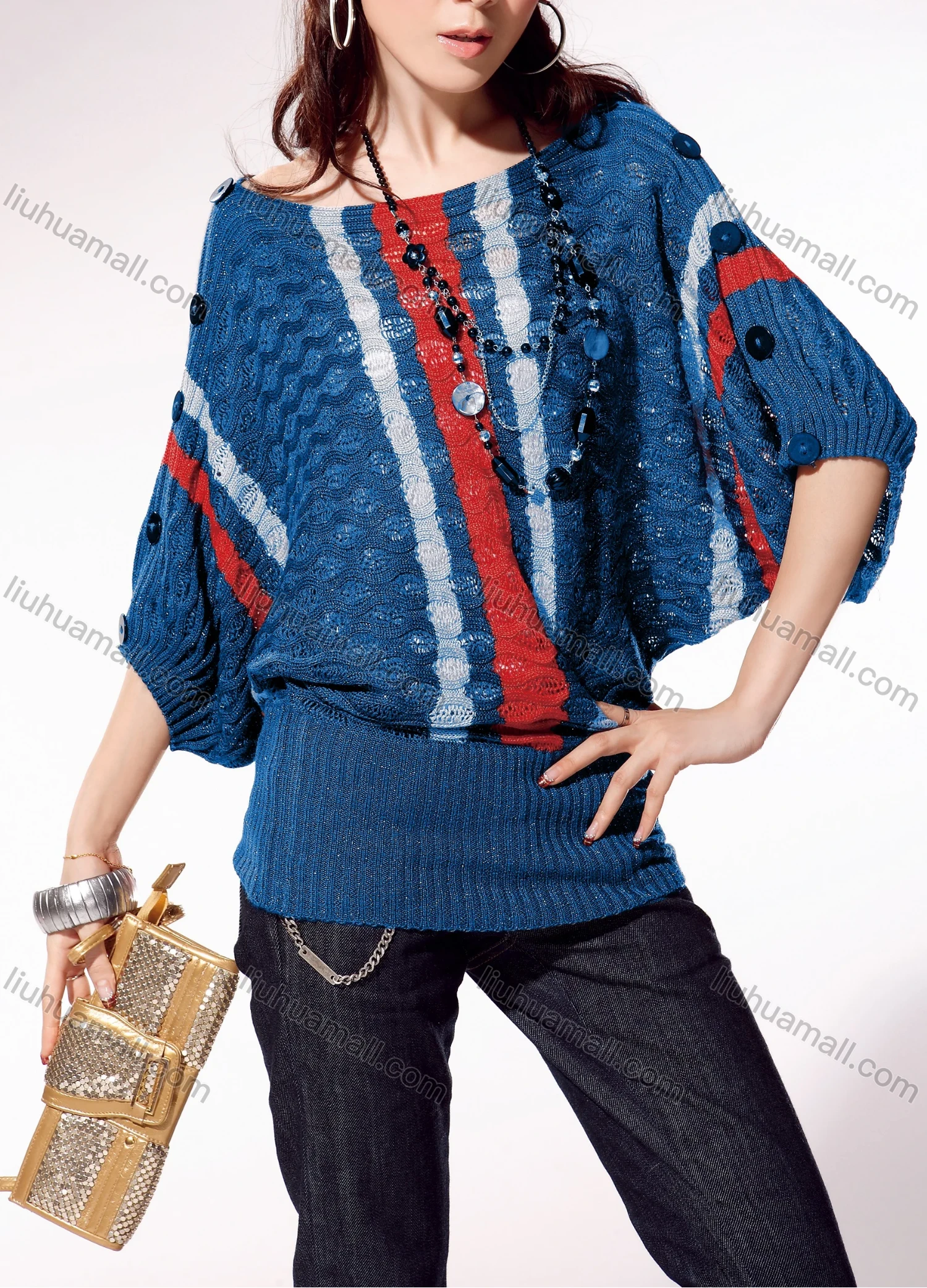 Wholesale Women's Casual Crew Neck Batwing Sleeve Striped Cable Knit Sweater - Liuhuamall