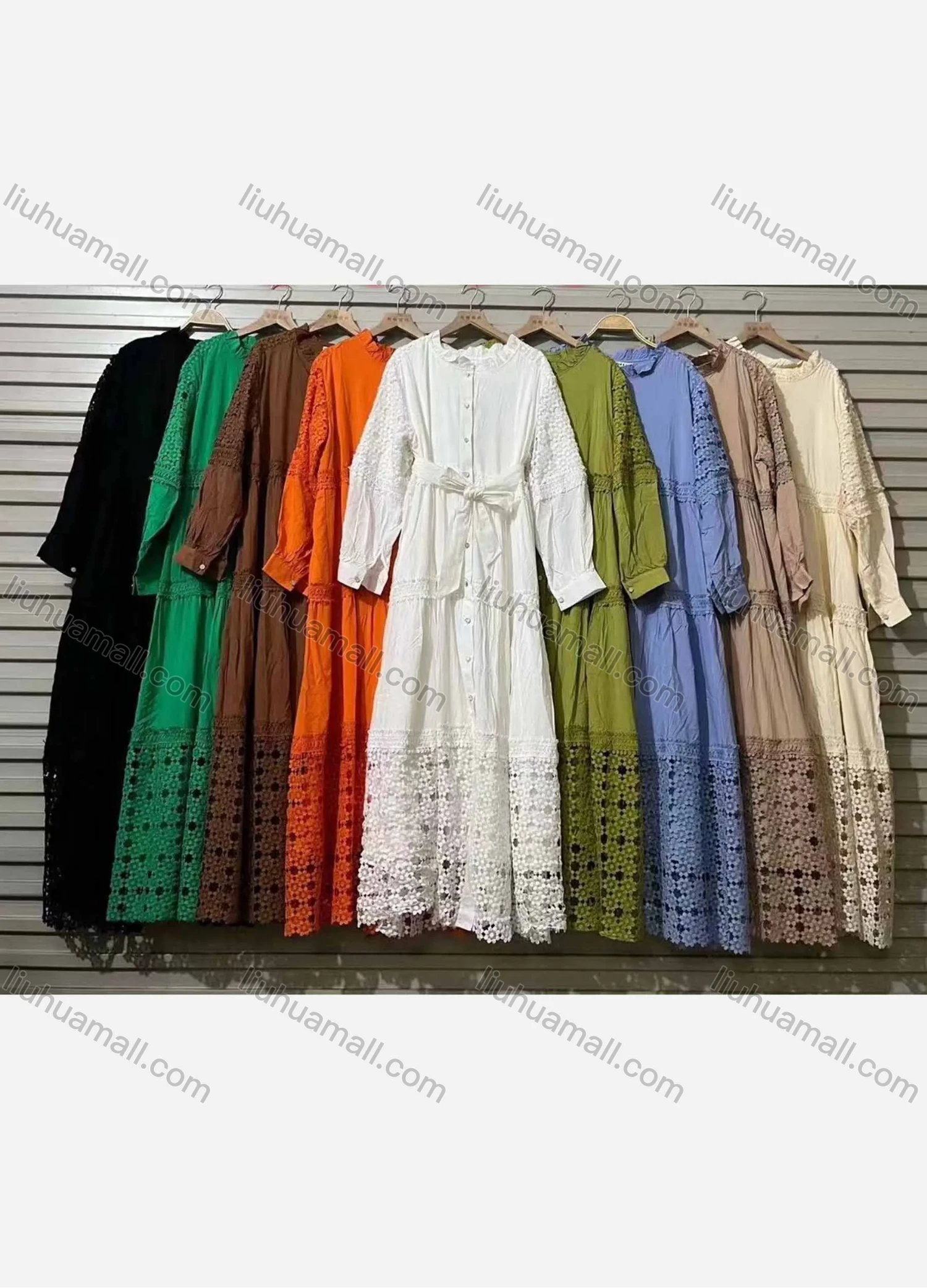 Wholesale Women's Casual Ruffle Hem Hollow Out Tie Front Button Down Maxi Dress - Liuhuamall